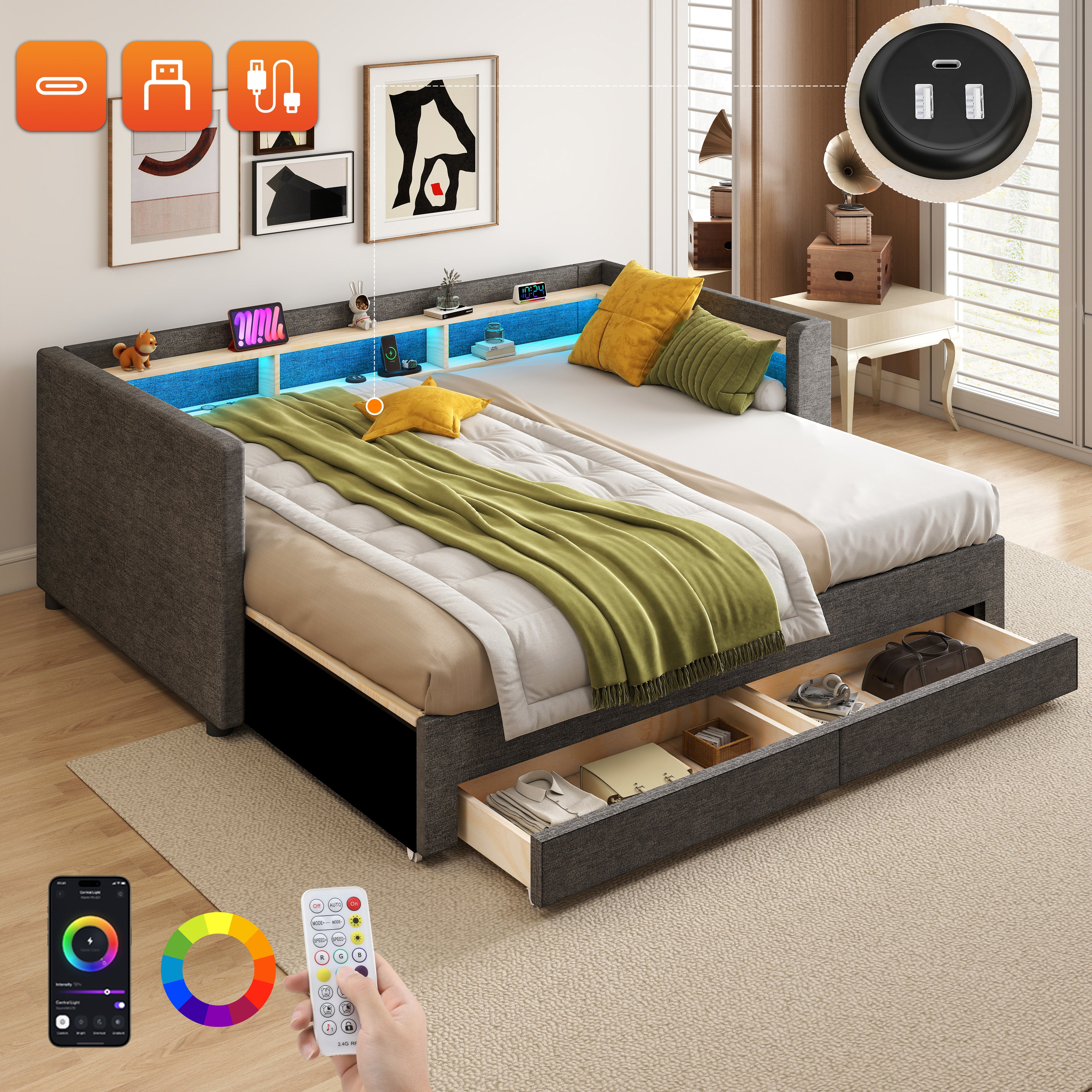 OYAJIA Upholstered Daybed with Extendable 90x190 cm Design, LED Lighting, 2 Storage Drawers