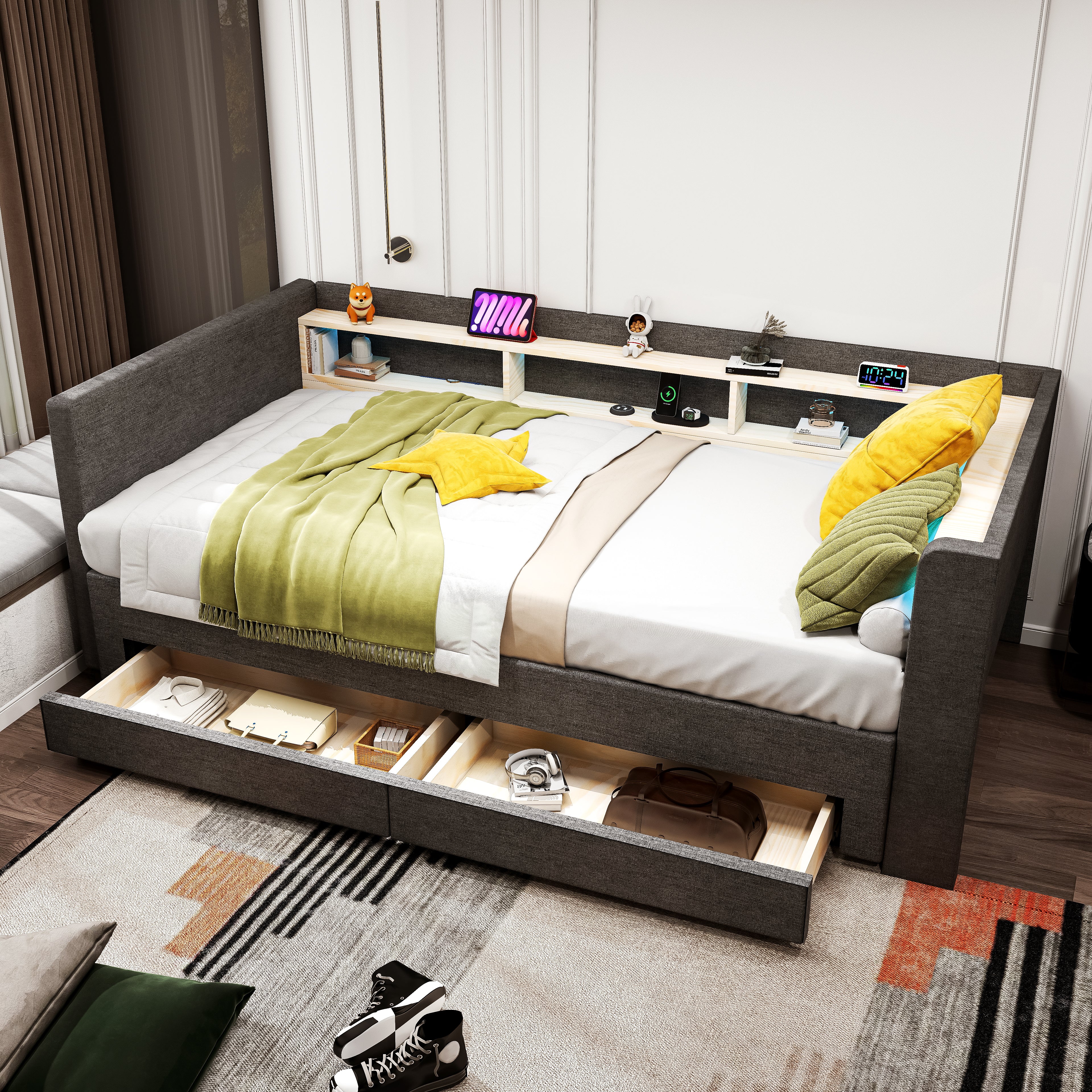 OYAJIA Upholstered Daybed with Extendable 90x190 cm Design, LED Lighting, 2 Storage Drawers