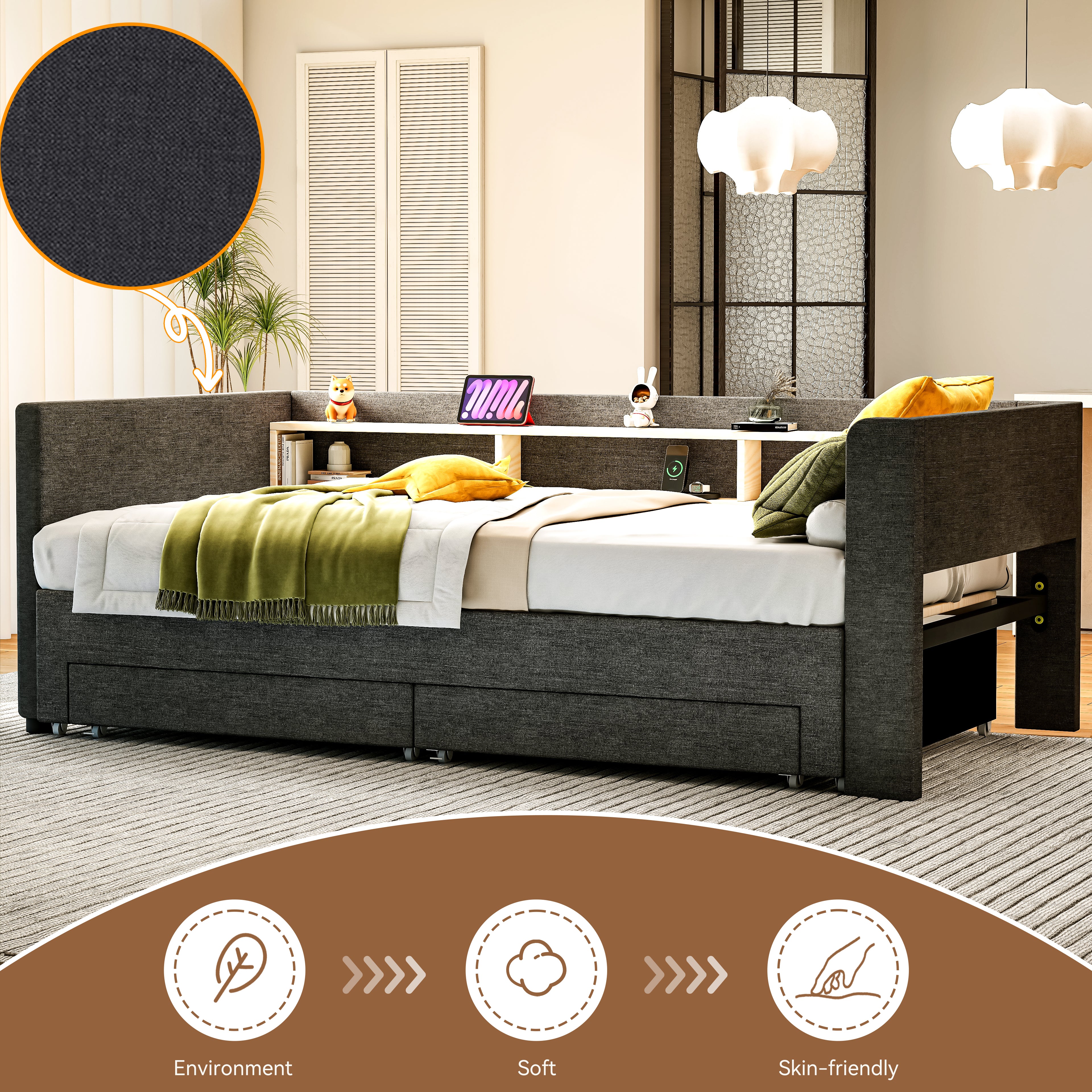 OYAJIA Upholstered Daybed with Extendable 90x190 cm Design, LED Lighting, 2 Storage Drawers