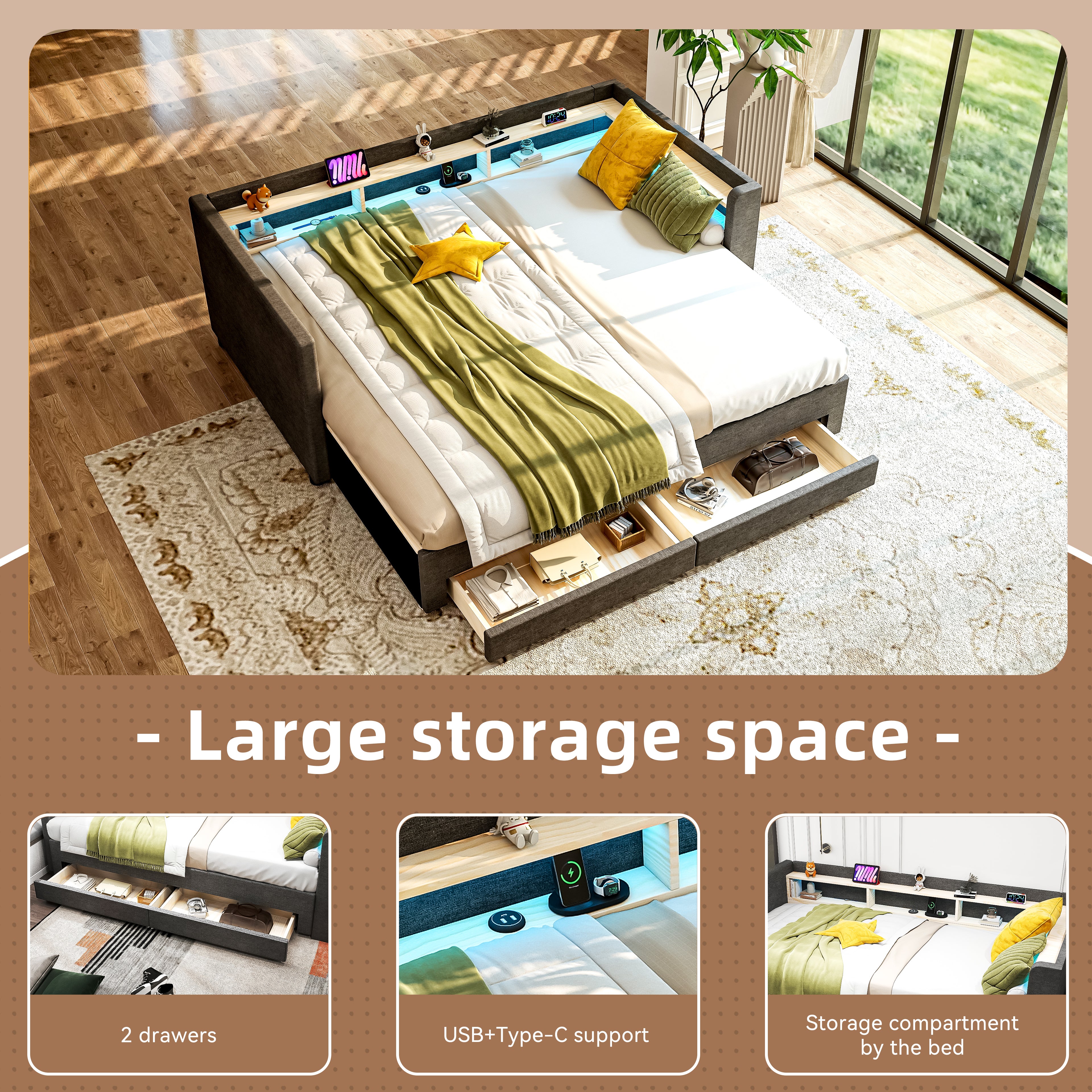 OYAJIA Upholstered Daybed with Extendable 90x190 cm Design, LED Lighting, 2 Storage Drawers