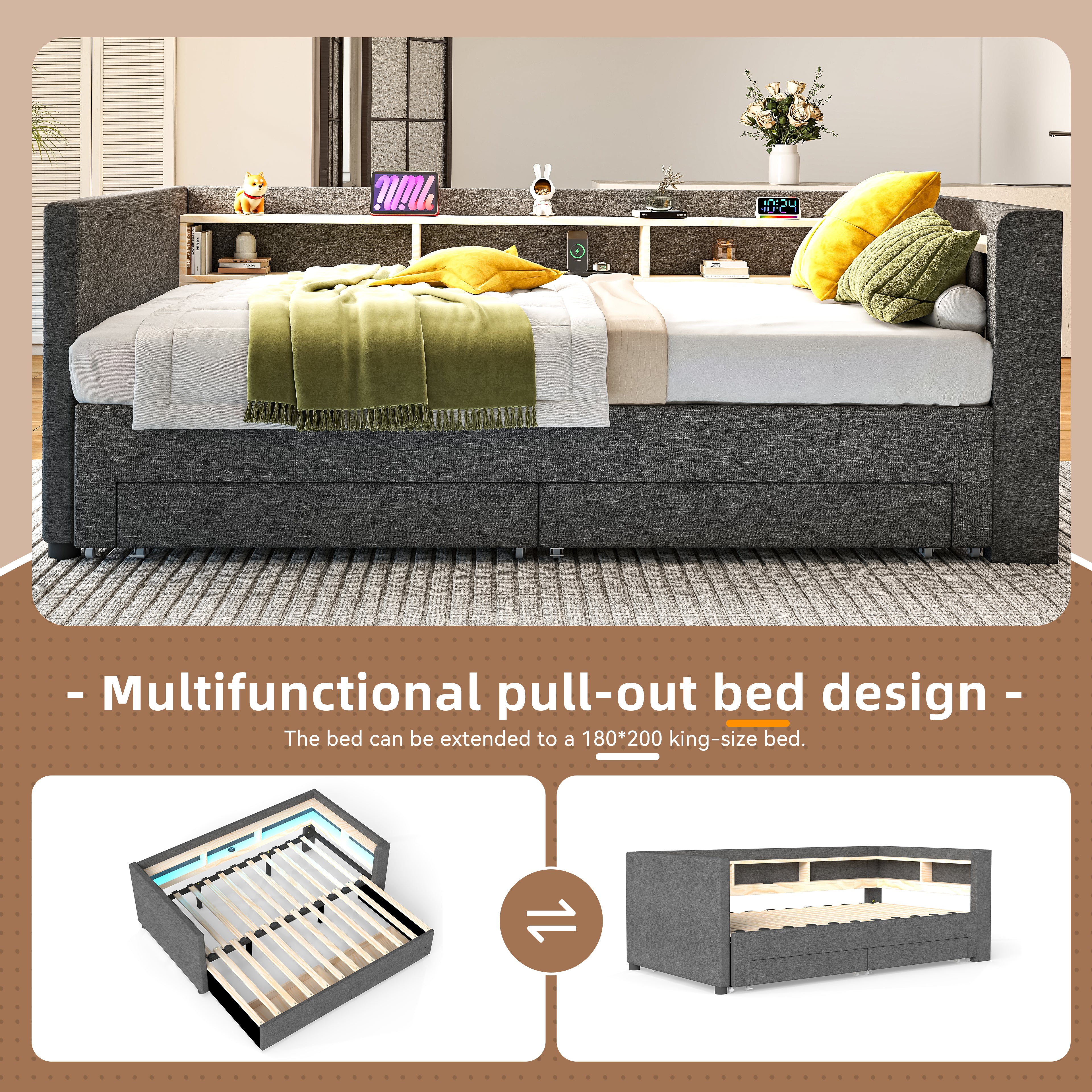 OYAJIA Upholstered Daybed with Extendable 90x190 cm Design, LED Lighting, 2 Storage Drawers