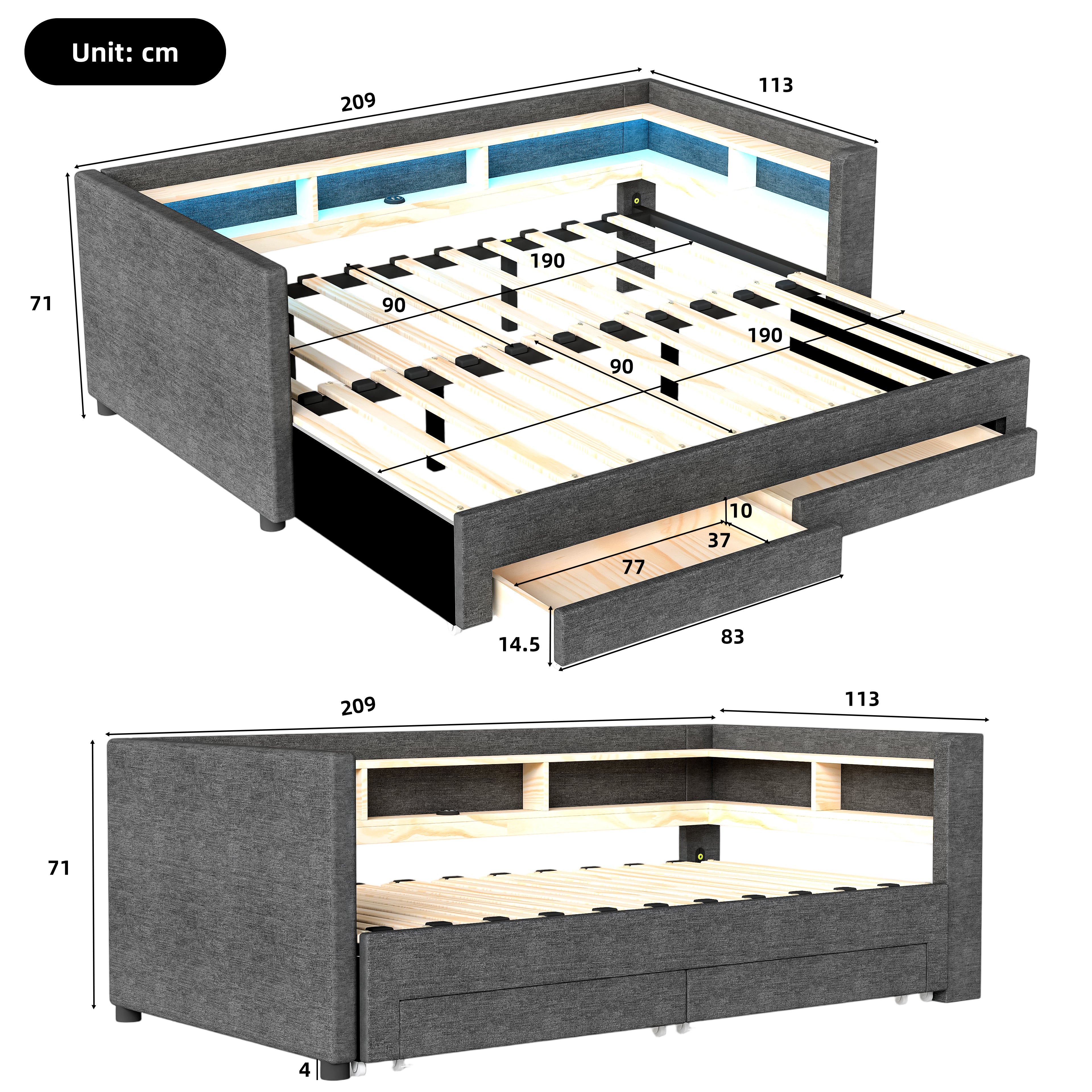 OYAJIA Upholstered Daybed with Extendable 90x190 cm Design, LED Lighting, 2 Storage Drawers