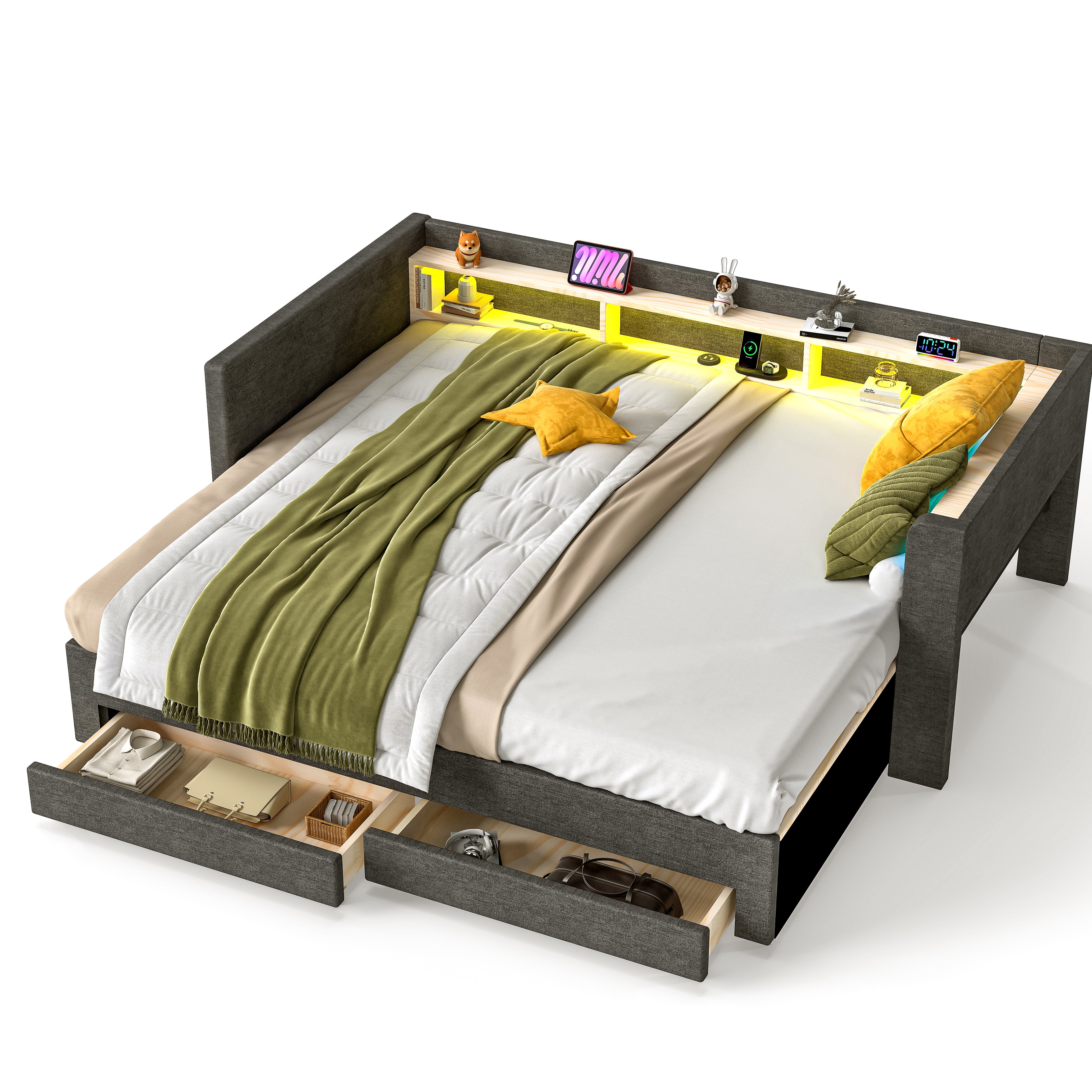 OYAJIA Upholstered Daybed with Extendable 90x190 cm Design, LED Lighting, 2 Storage Drawers