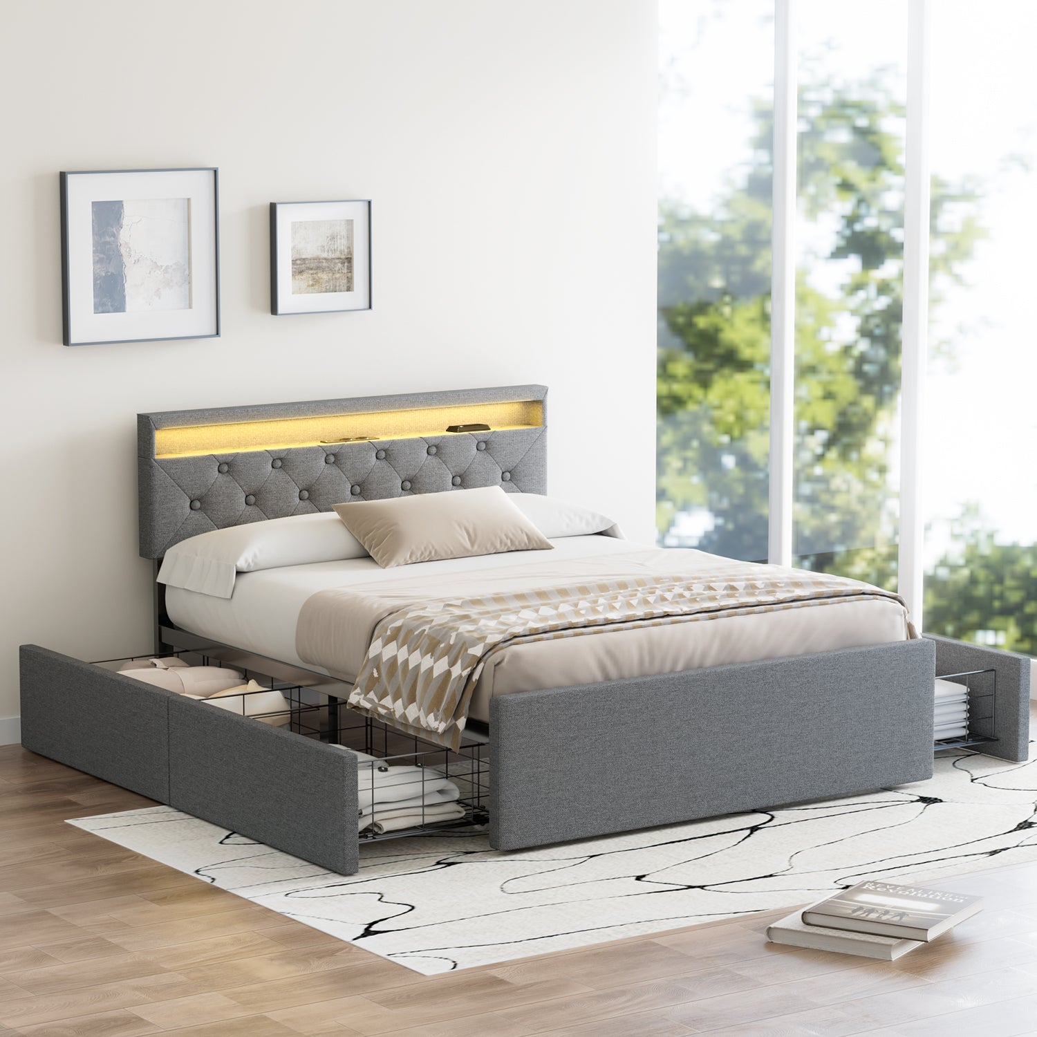 OYAJIA Upholstered Storage Bed 140x200 cm with Speaker, 4 Drawers and Charging Station