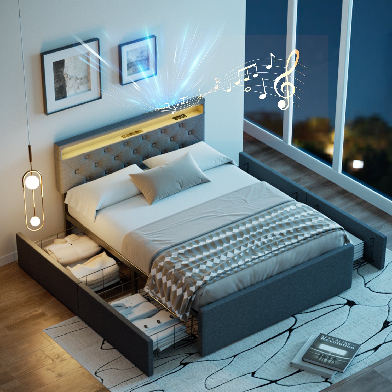 OYAJIA Upholstered Storage Bed 140x200 cm with Speaker, 4 Drawers and Charging Station