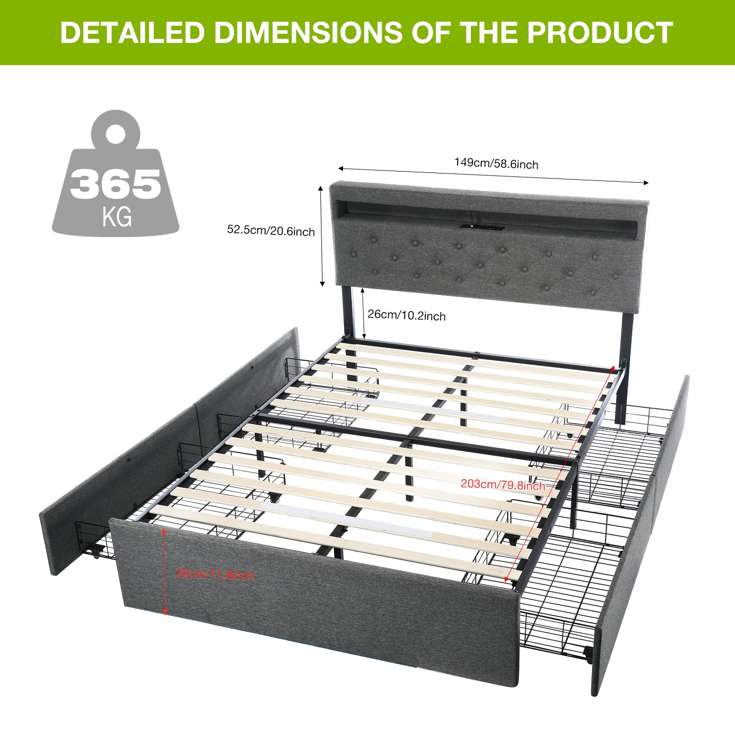 OYAJIA Upholstered Storage Bed 140x200 cm with Speaker, 4 Drawers and Charging Station