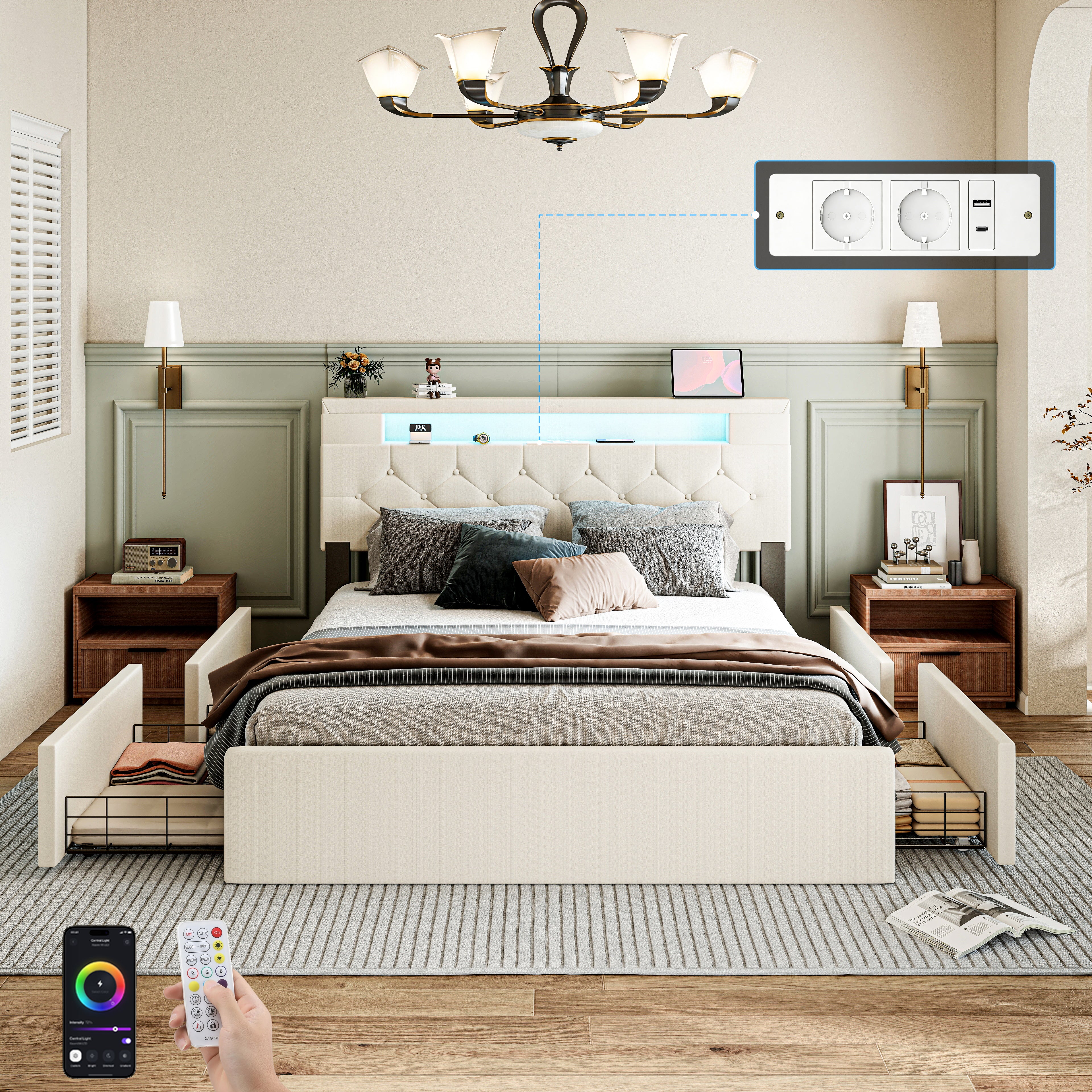 OYAJIA Upholstered Storage Bed 140x200 cm with Speaker, 4 Drawers and Charging Station
