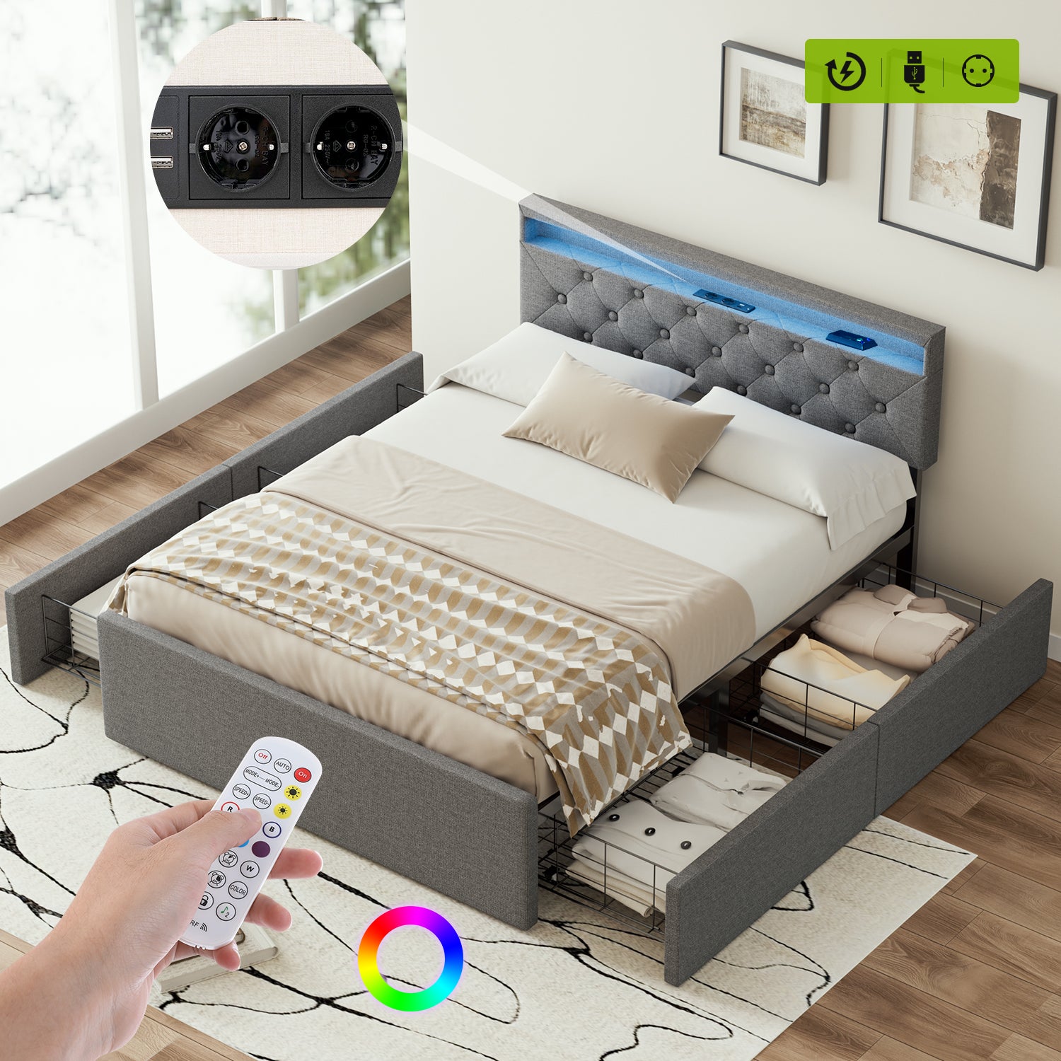 OYAJIA Upholstered Storage Bed 140x200 cm with Speaker, 4 Drawers and Charging Station