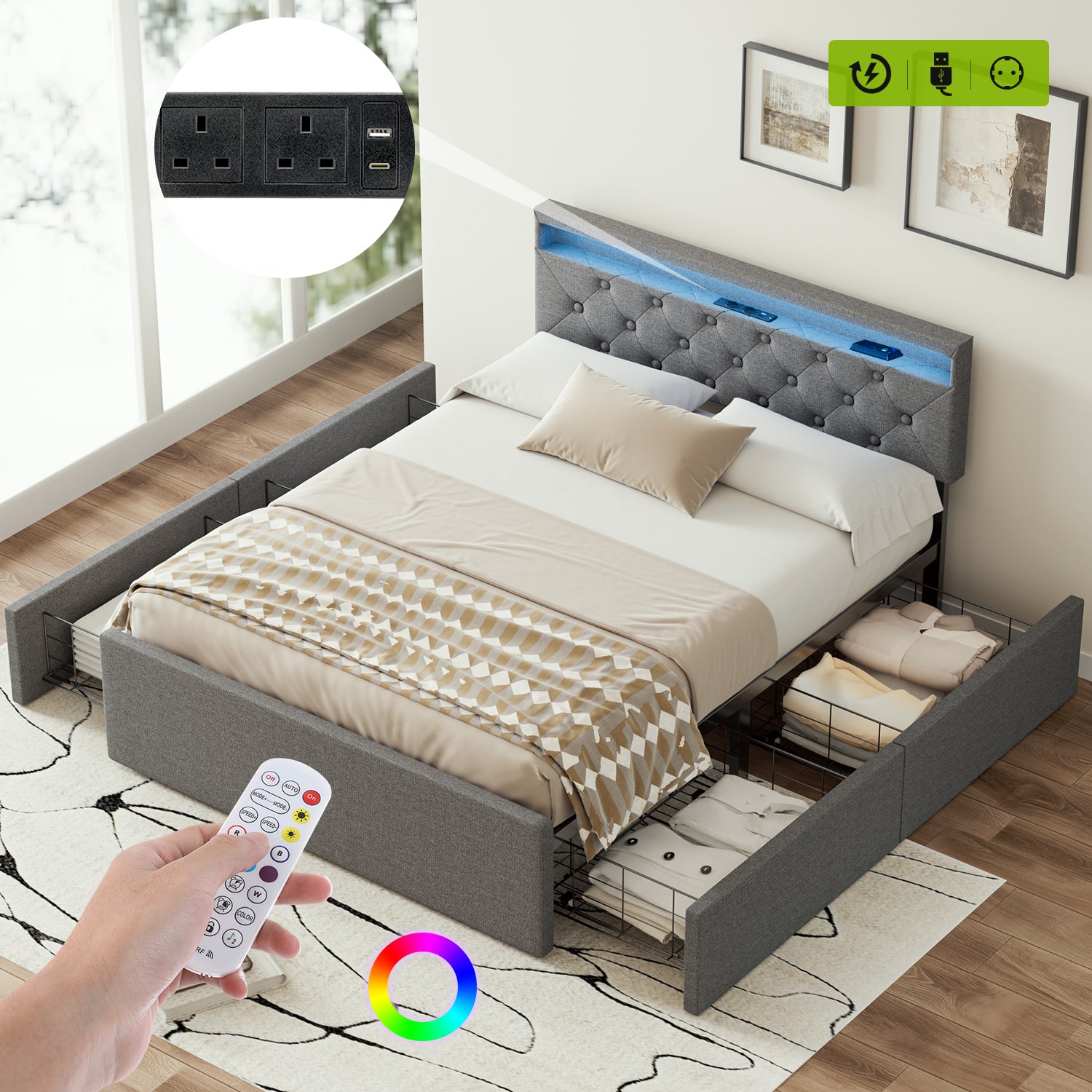 OYAJIA Upholstered Storage Bed 140x200 cm with Speaker, 4 Drawers and Charging Station