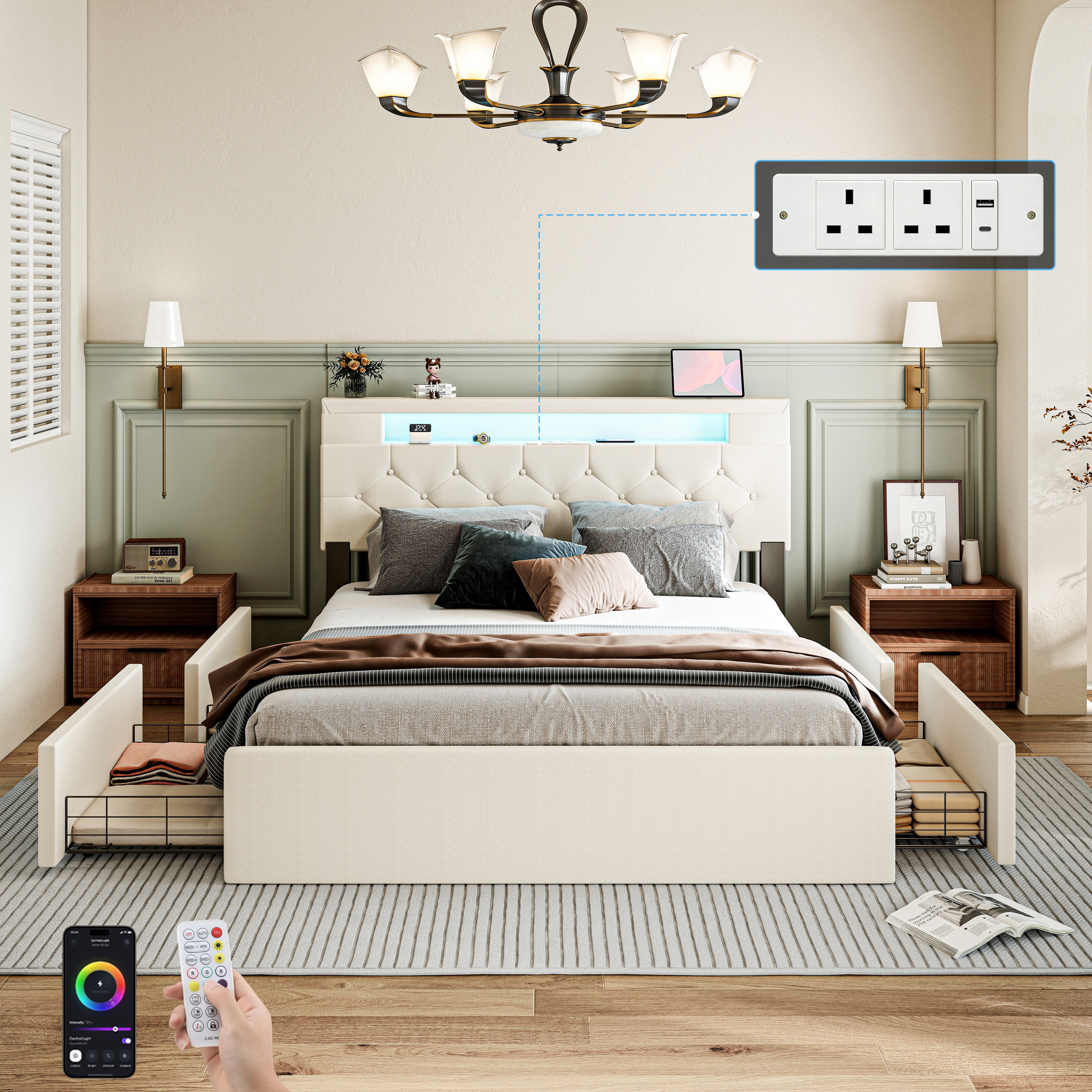 OYAJIA Upholstered Storage Bed 140x200 cm with Speaker, 4 Drawers and Charging Station