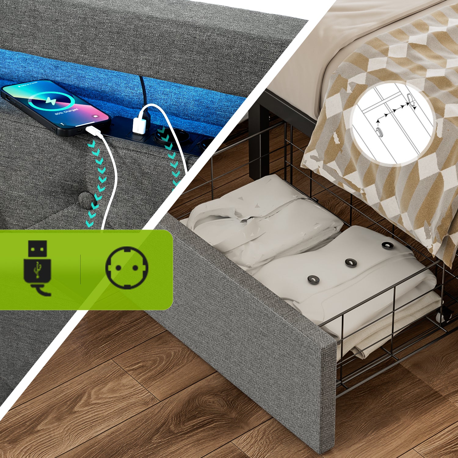 OYAJIA Upholstered Storage Bed 140x200 cm with Speaker, 4 Drawers and Charging Station