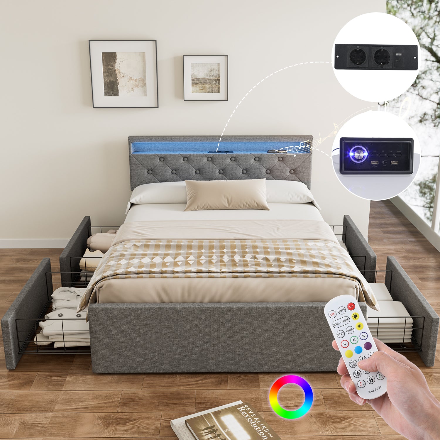 OYAJIA Upholstered Storage Bed 140x200 cm with Speaker, 4 Drawers and Charging Station