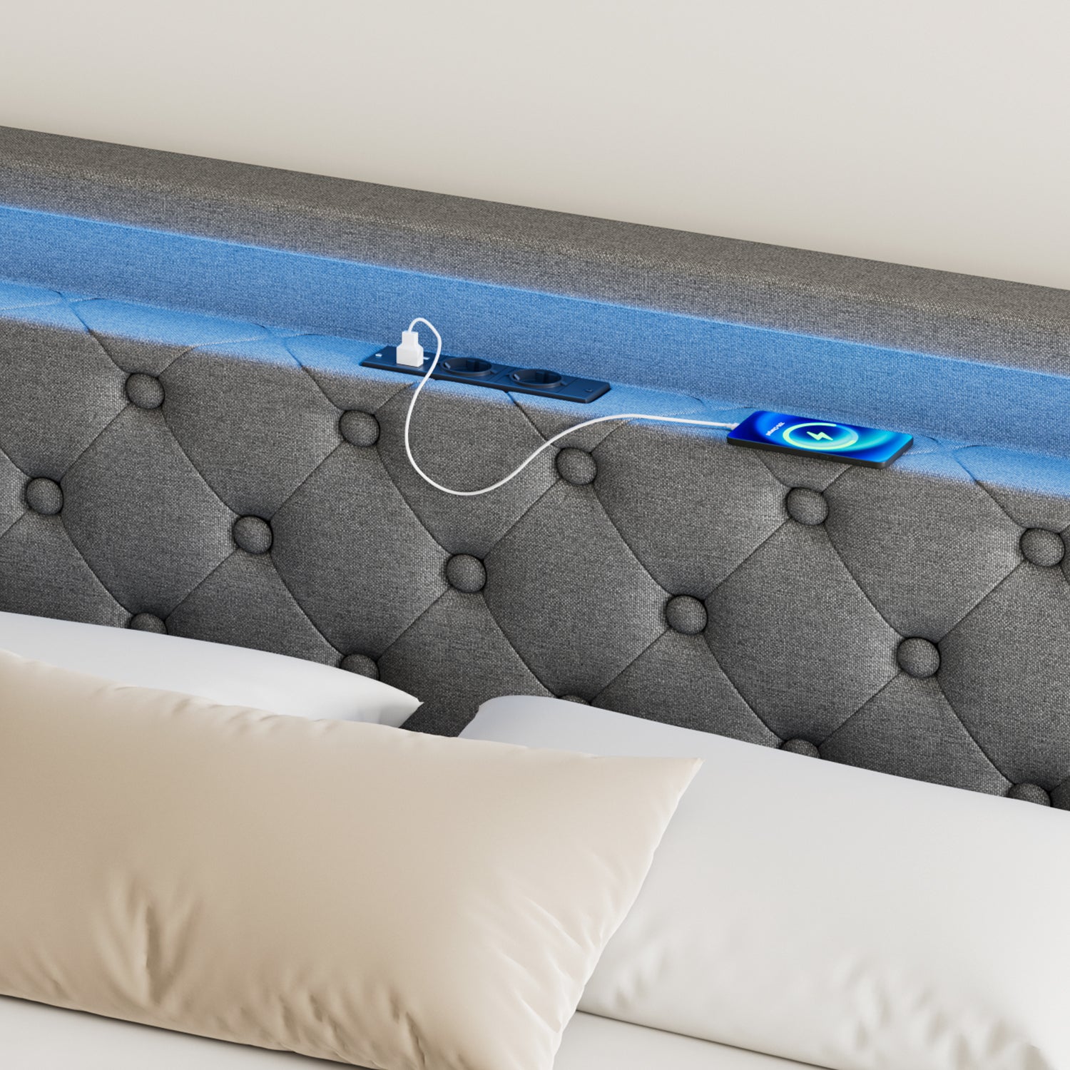 OYAJIA Upholstered Storage Bed 140x200 cm with Speaker, 4 Drawers and Charging Station