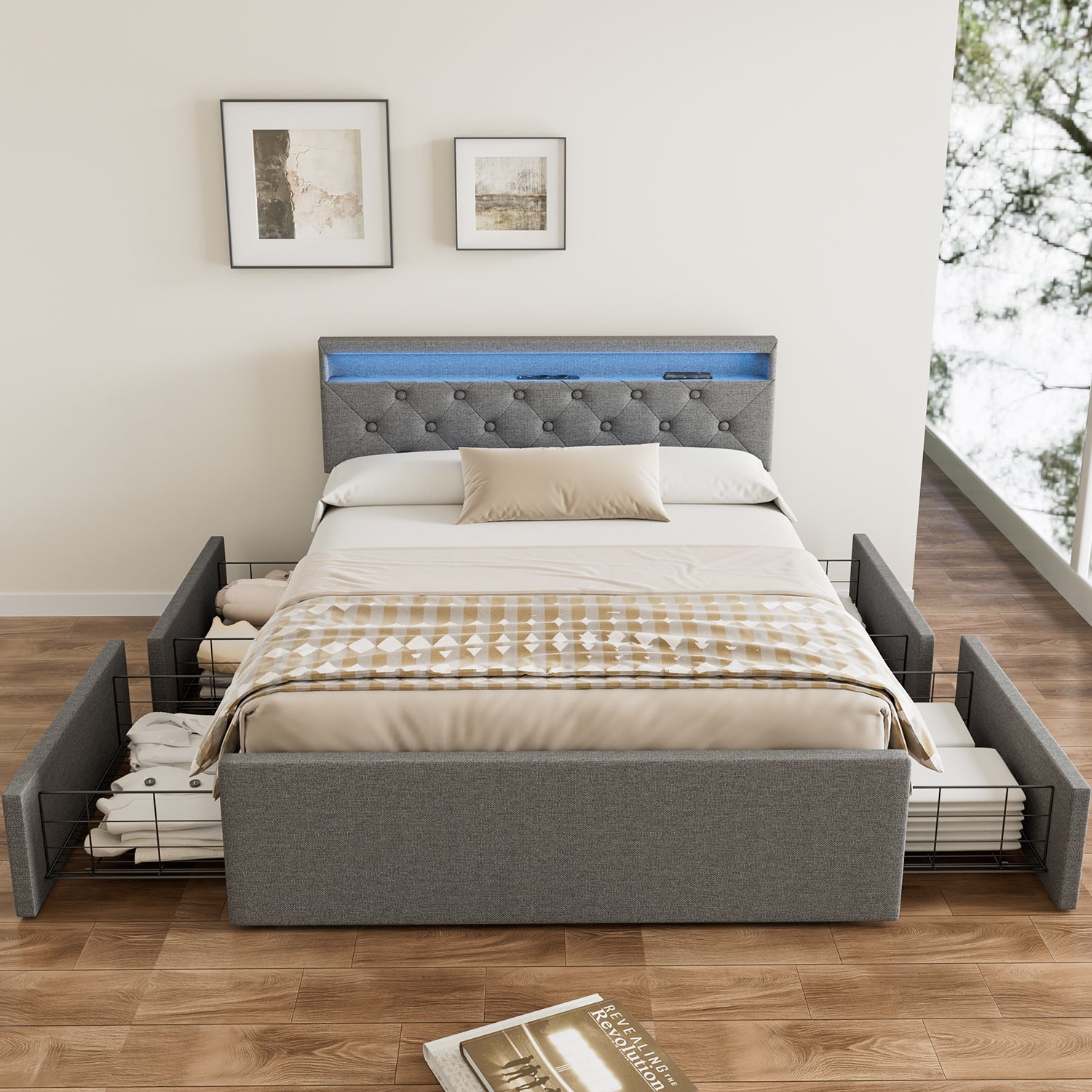 OYAJIA Upholstered Storage Bed 140x200 cm with Speaker, 4 Drawers and Charging Station