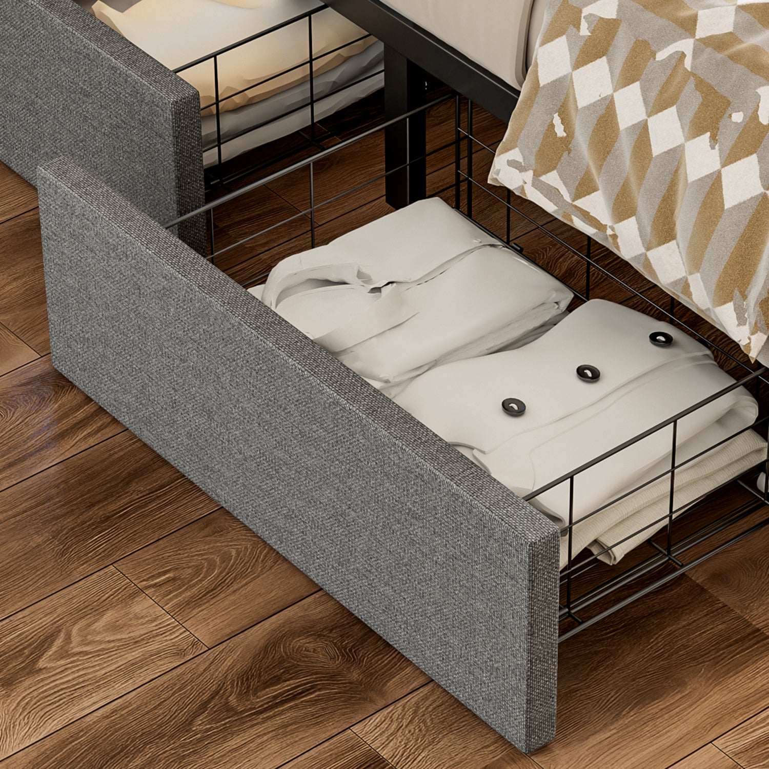 OYAJIA Upholstered Storage Bed 140x200 cm with Speaker, 4 Drawers and Charging Station