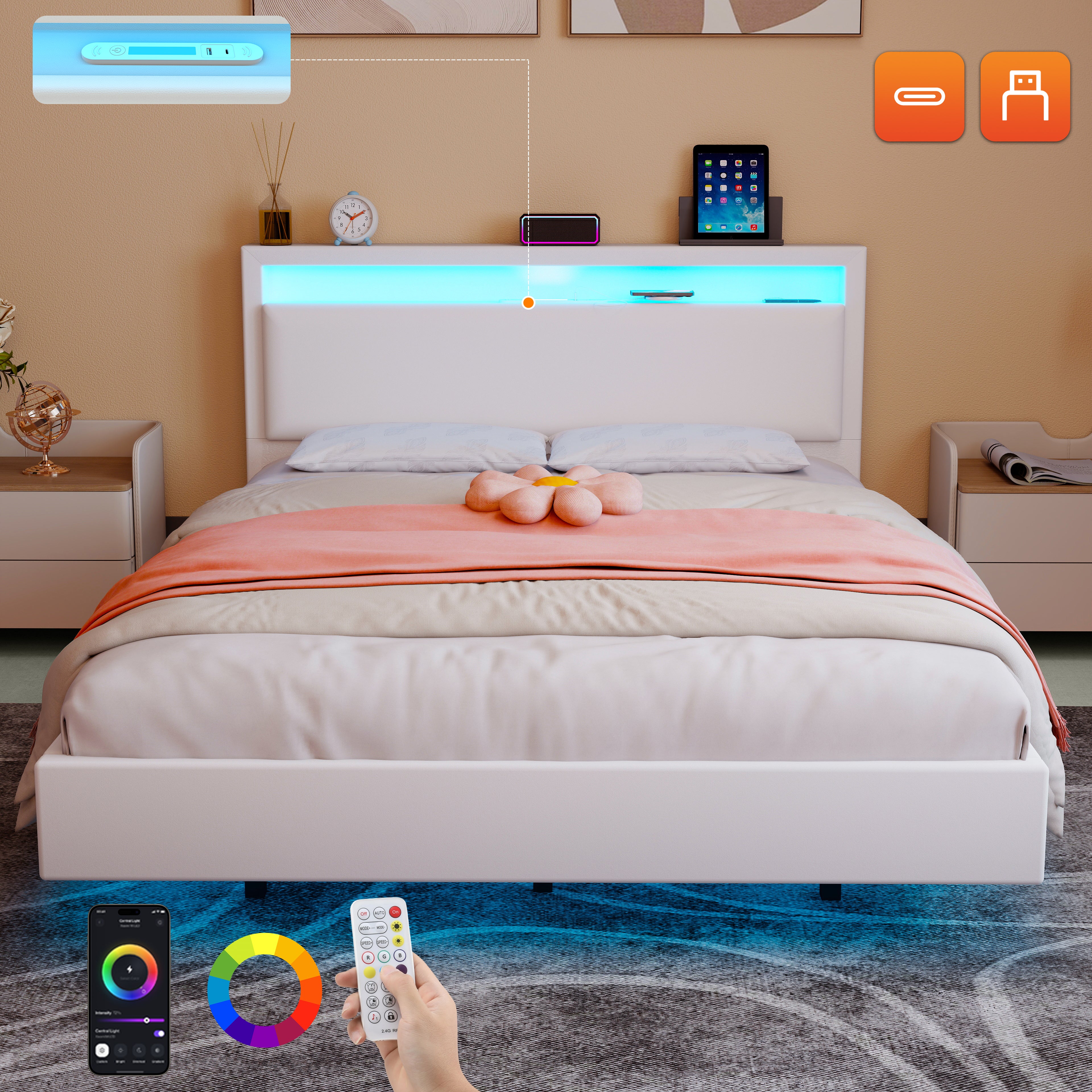 OYAJIA Floating Bed Frame with LED Lighting and USB Charging