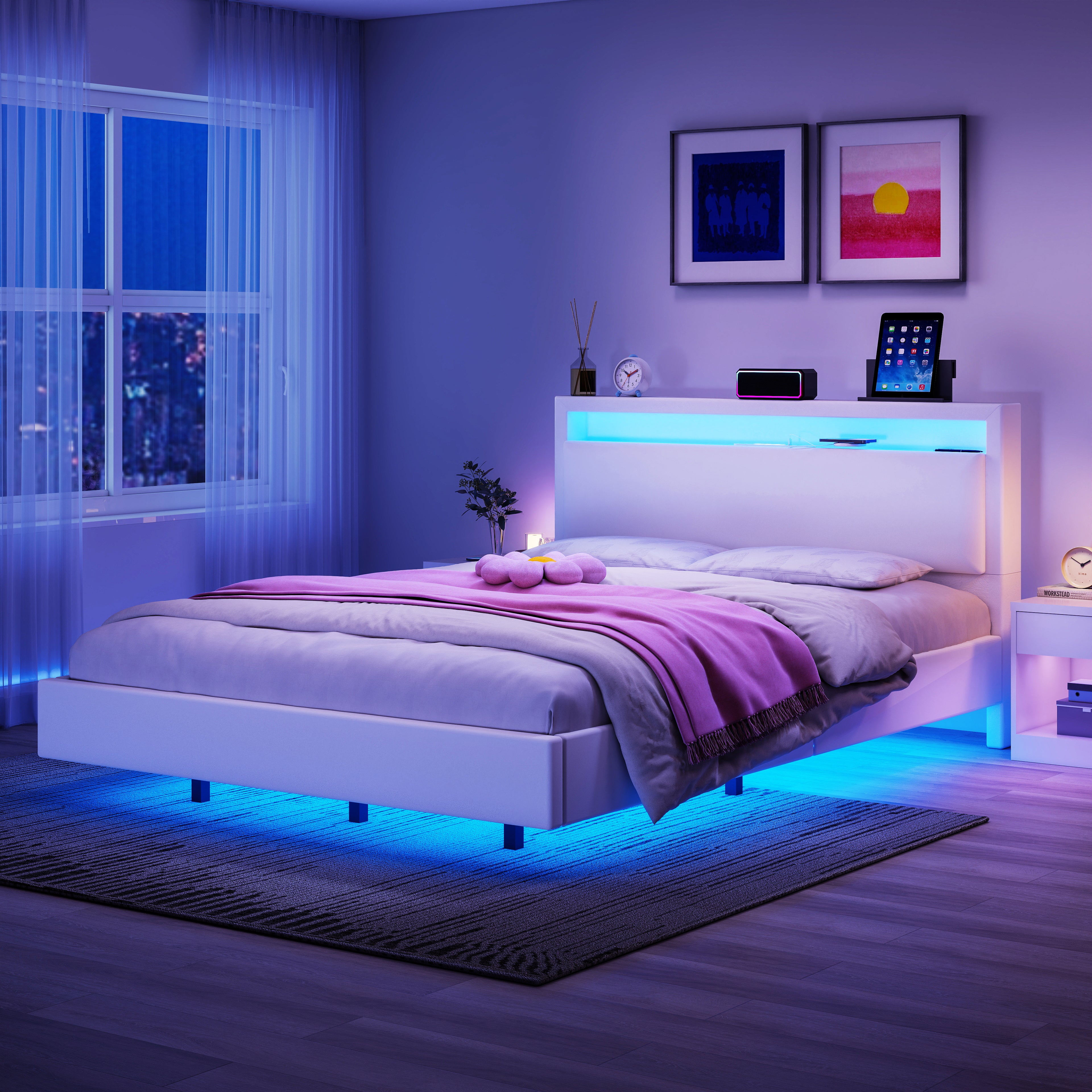 OYAJIA Floating Bed Frame with LED Lighting and USB Charging