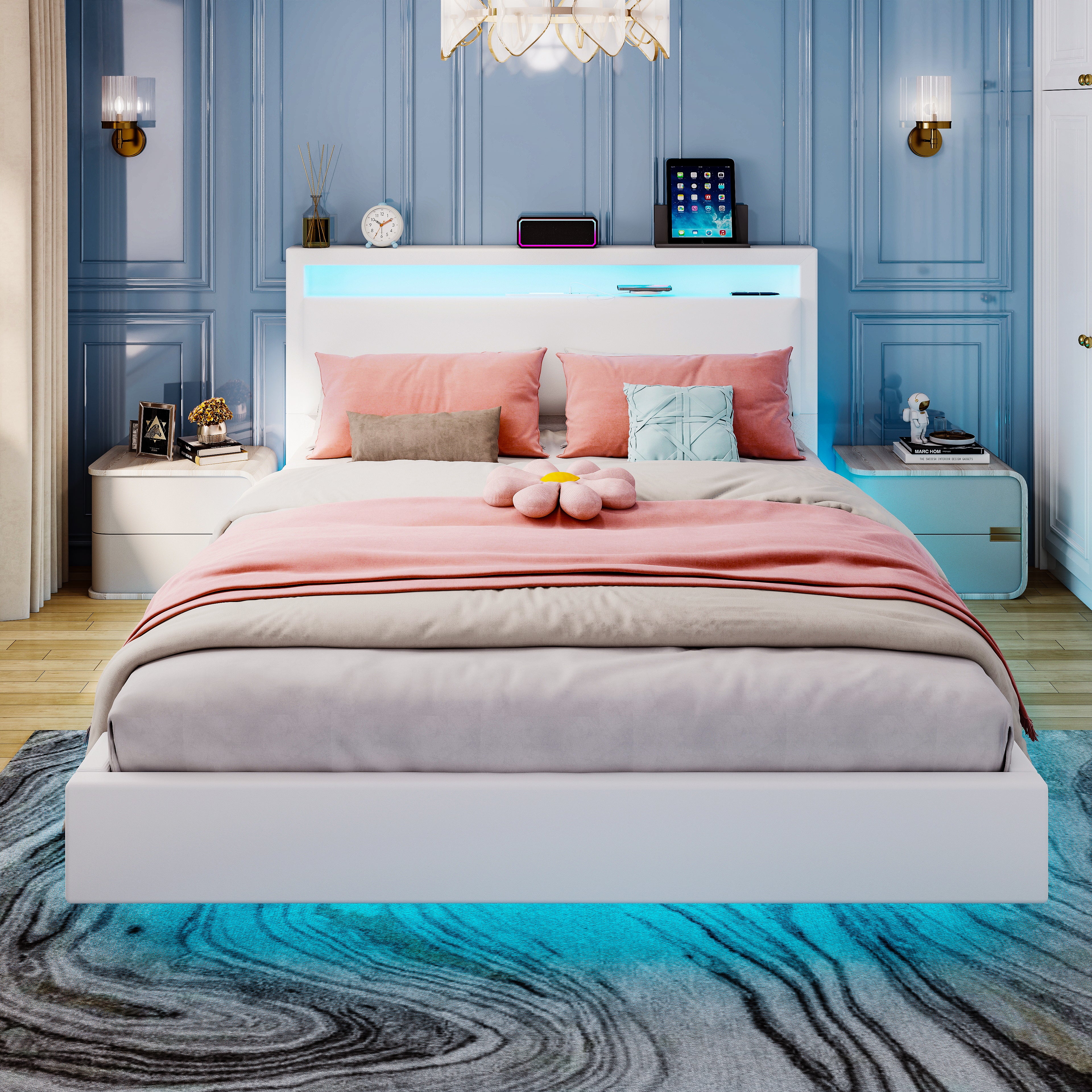 OYAJIA Floating Bed Frame with LED Lighting and USB Charging