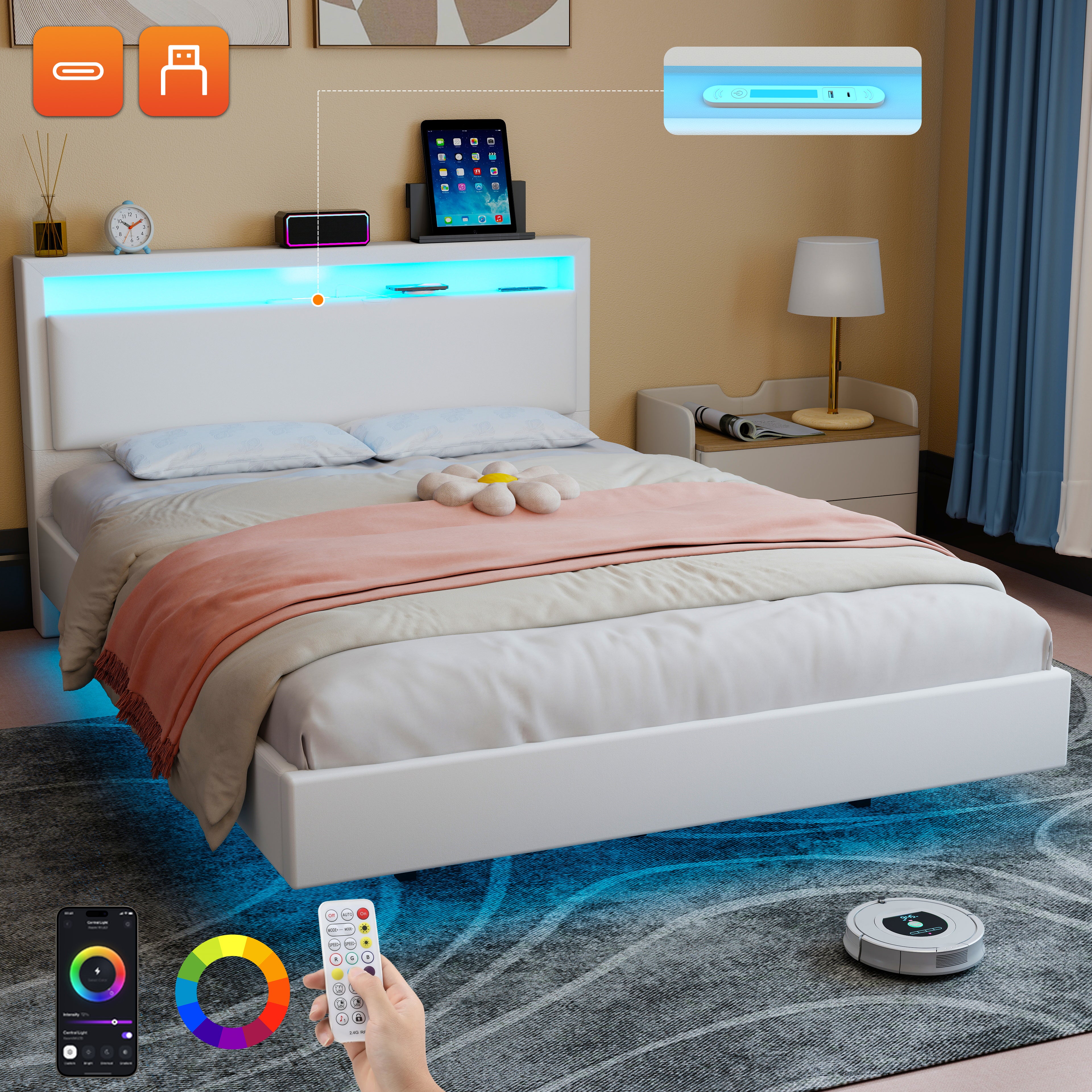OYAJIA Floating Bed Frame with LED Lighting and USB Charging