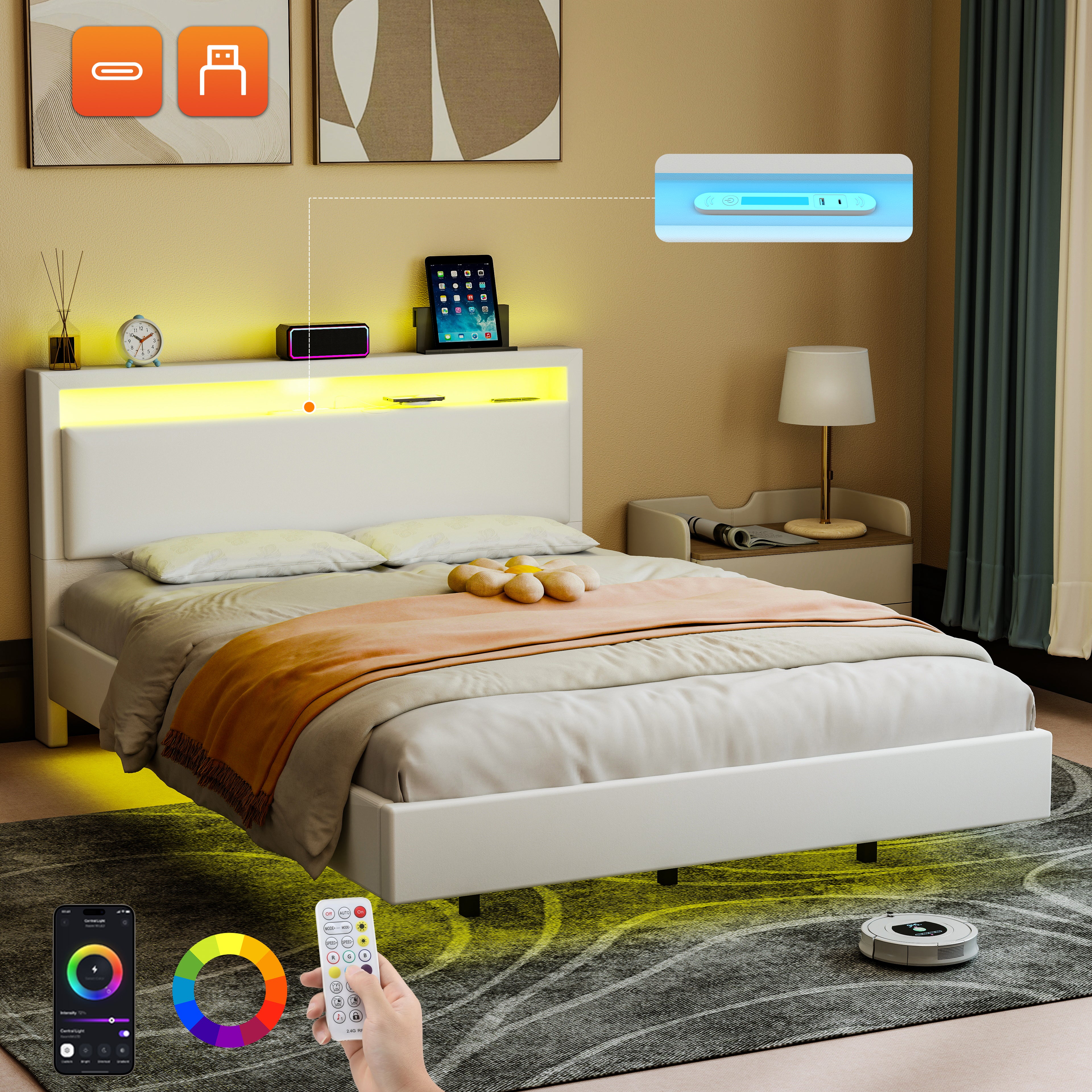 OYAJIA Floating Bed Frame with LED Lighting and USB Charging