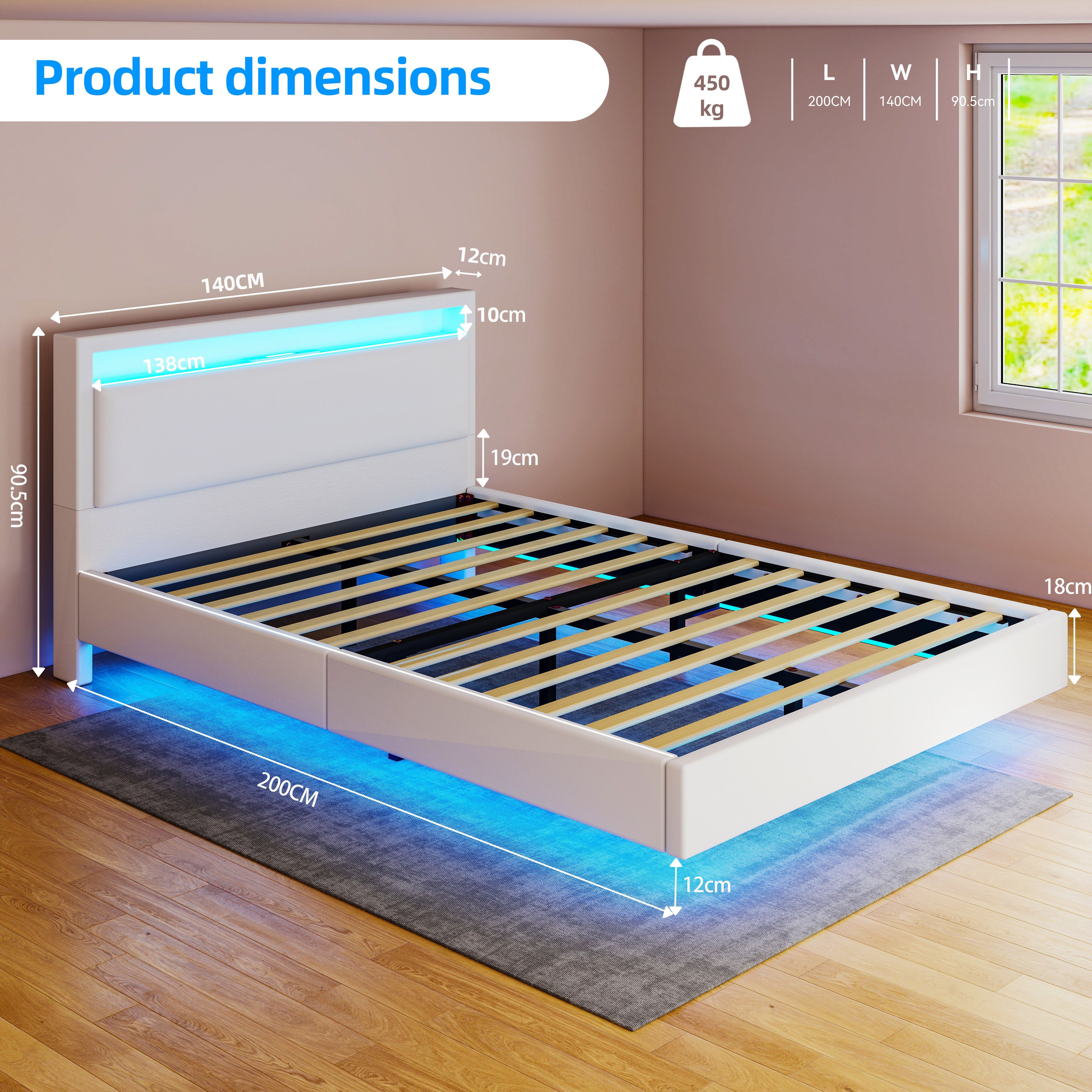OYAJIA Floating Bed Frame with LED Lighting and USB Charging