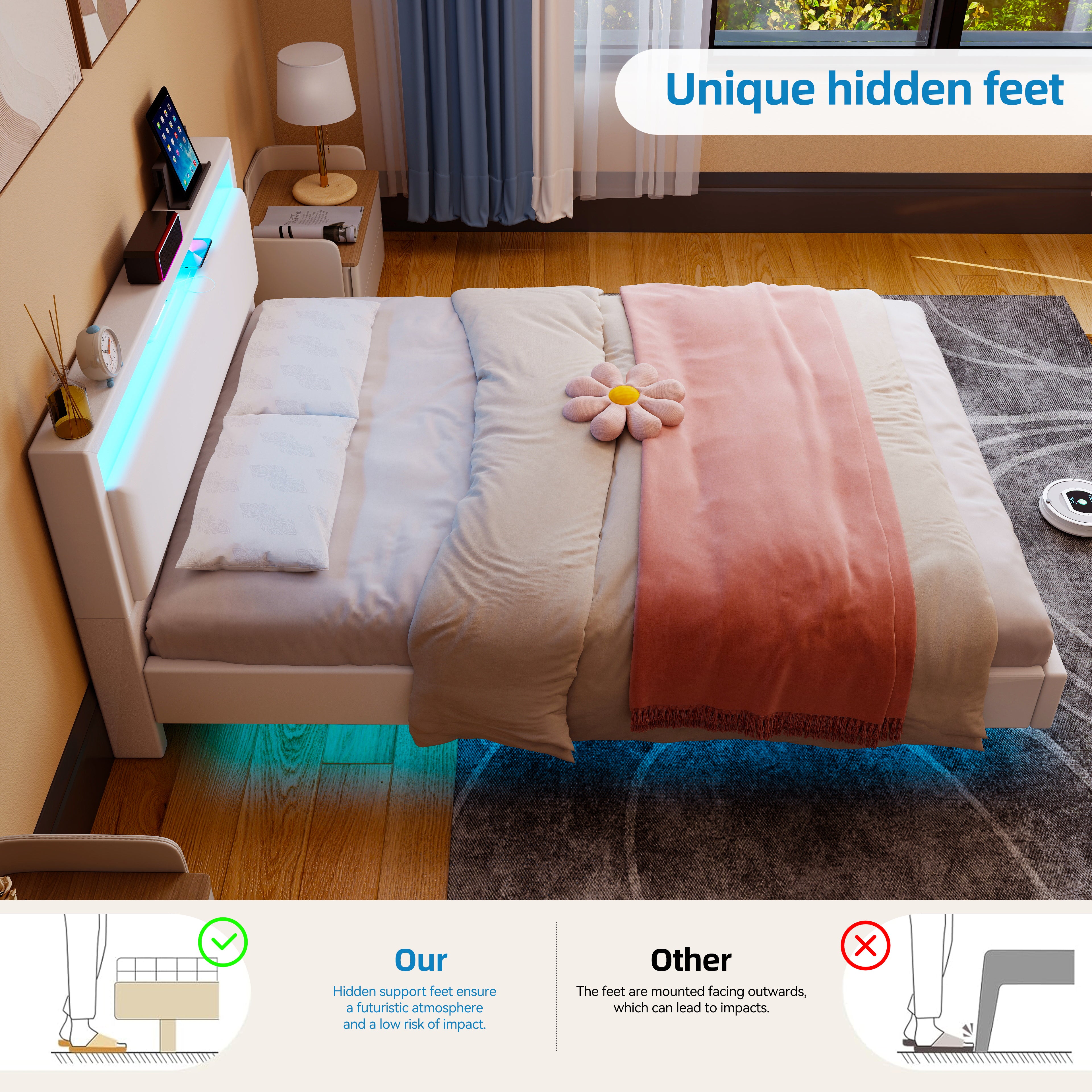 OYAJIA Floating Bed Frame with LED Lighting and USB Charging