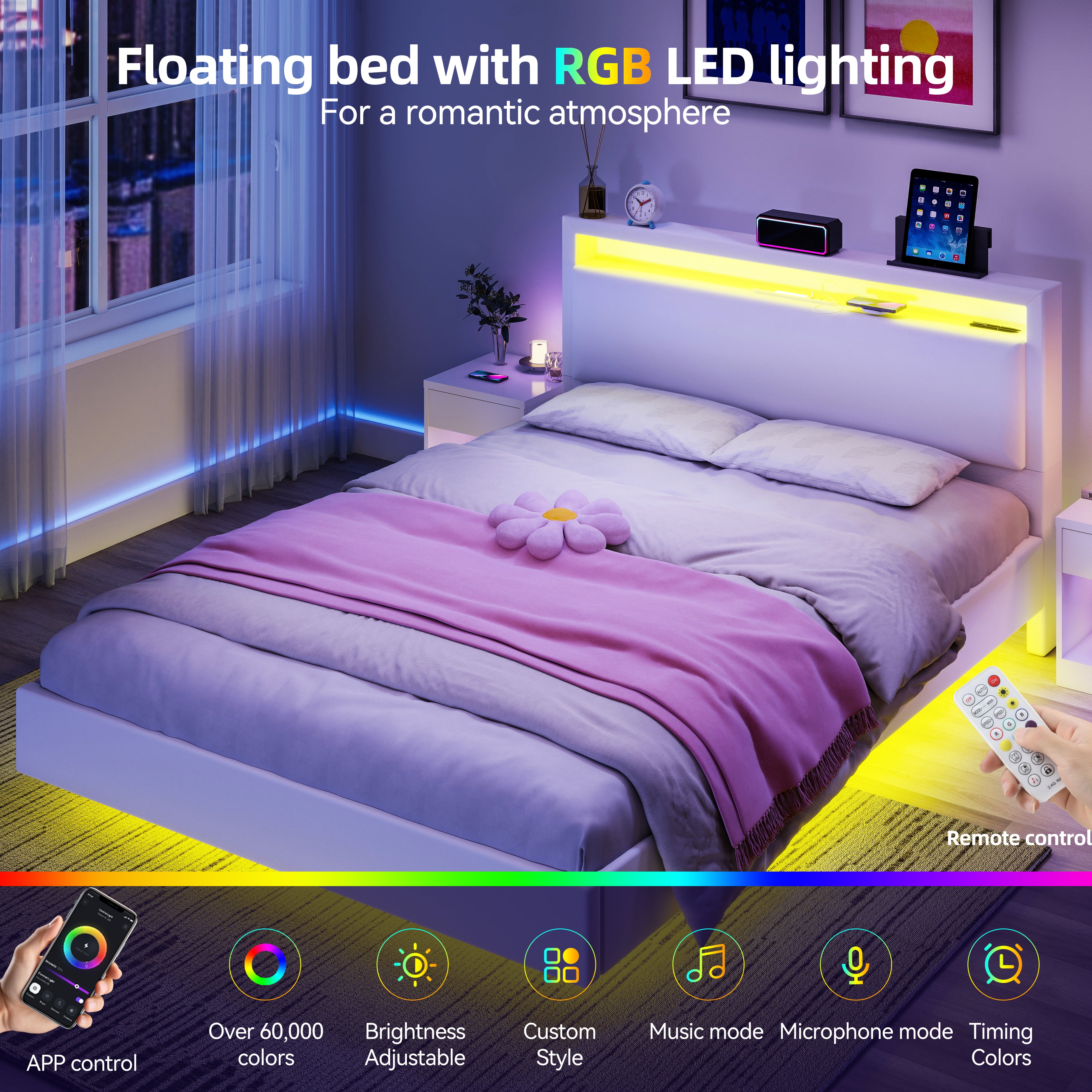 OYAJIA Floating Bed Frame with LED Lighting and USB Charging