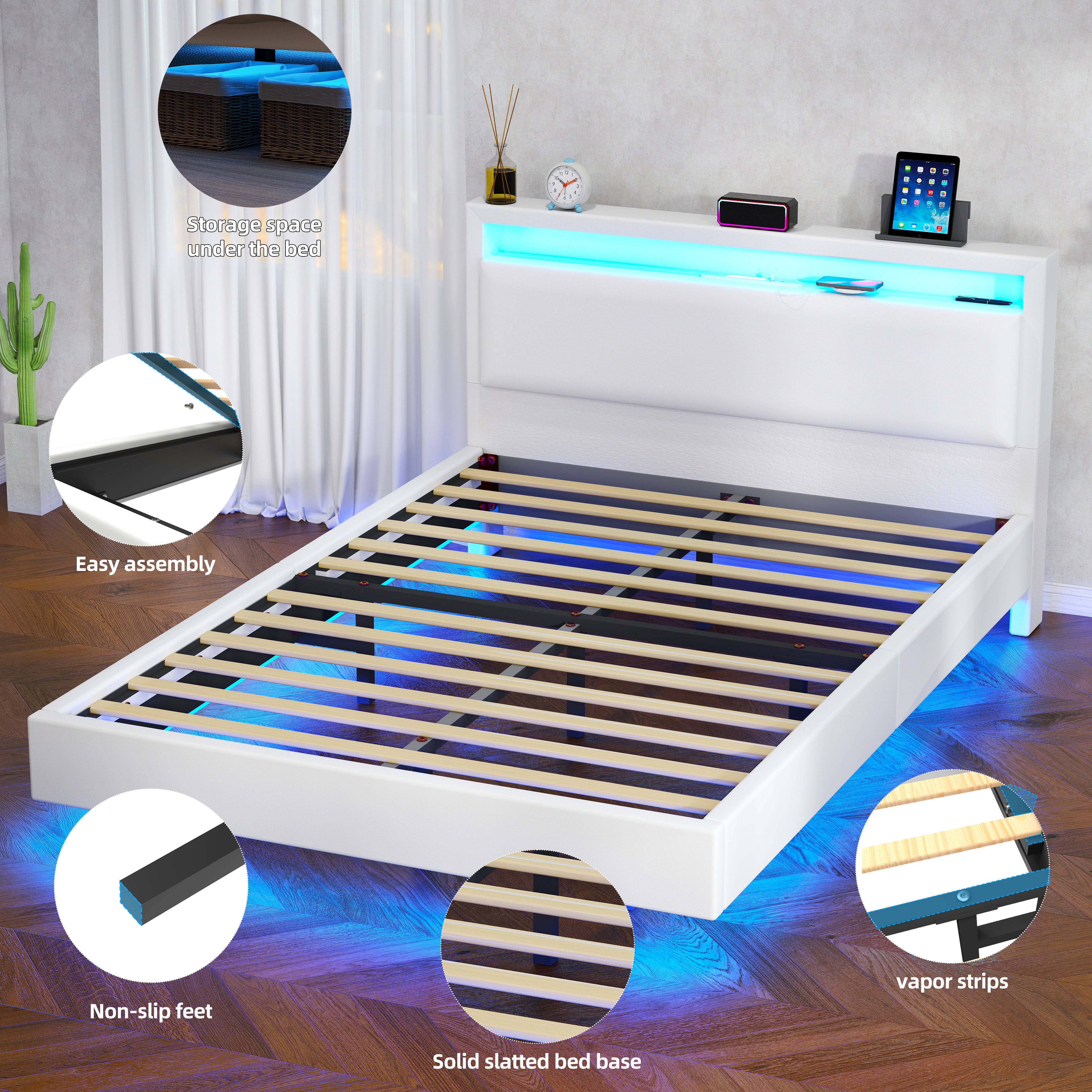 OYAJIA Floating Bed Frame with LED Lighting and USB Charging