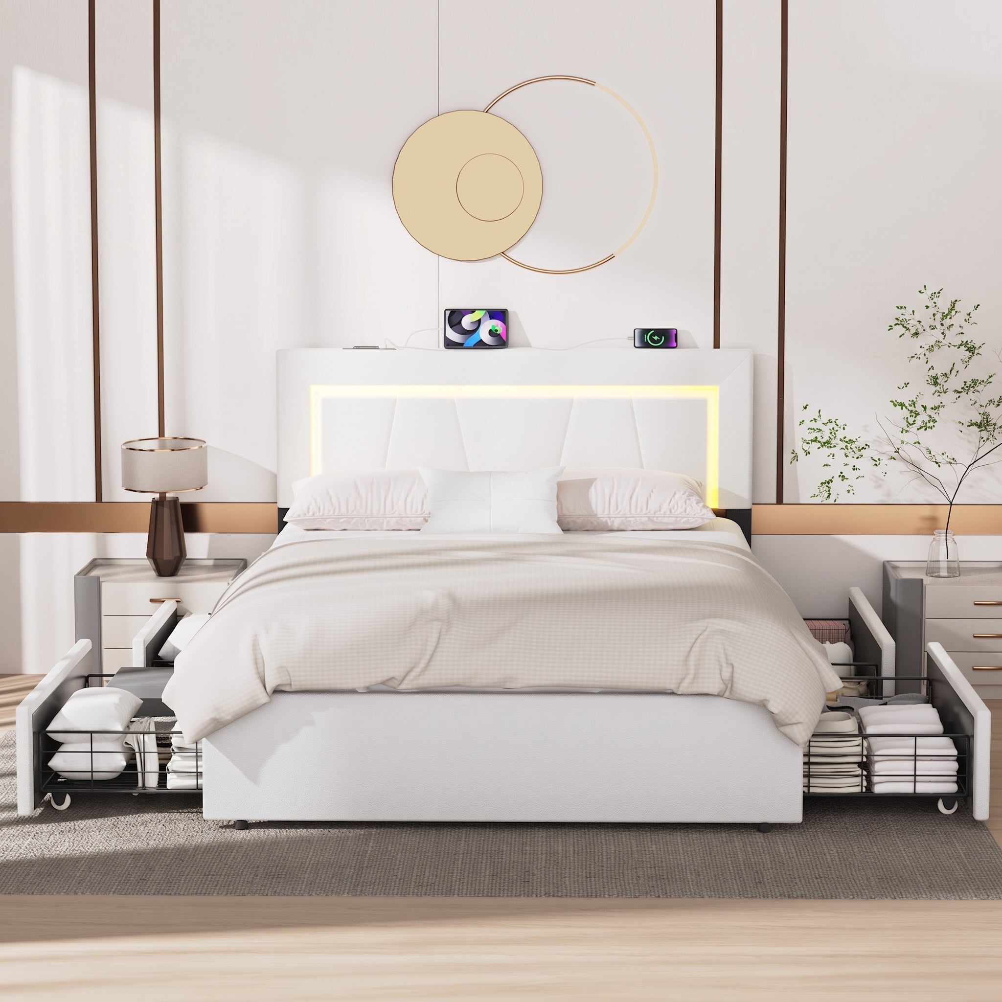 OYAJIA Upholstered Bed with Four Drawers, LED Headboard and USB Charging