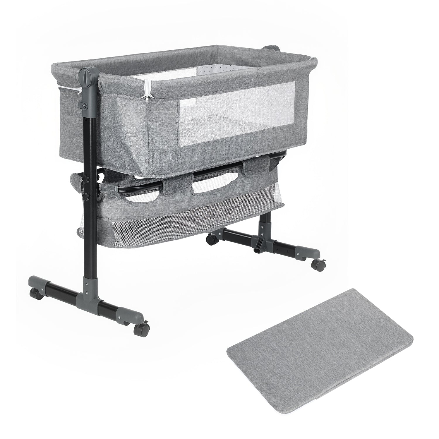 OYAJIA Baby Bedside Bassinet with Wheels, Adjustable Height, Mattress, Storage Basket and Mosquito Net