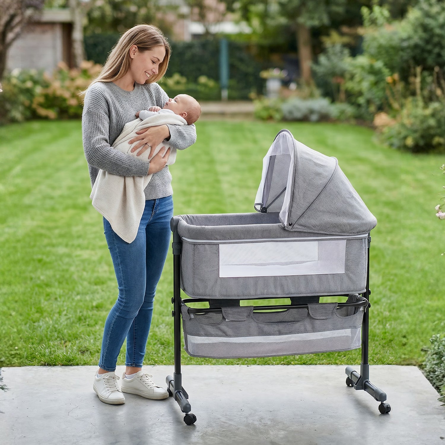 OYAJIA Baby Bedside Bassinet with Wheels, Adjustable Height, Mattress, Storage Basket and Mosquito Net