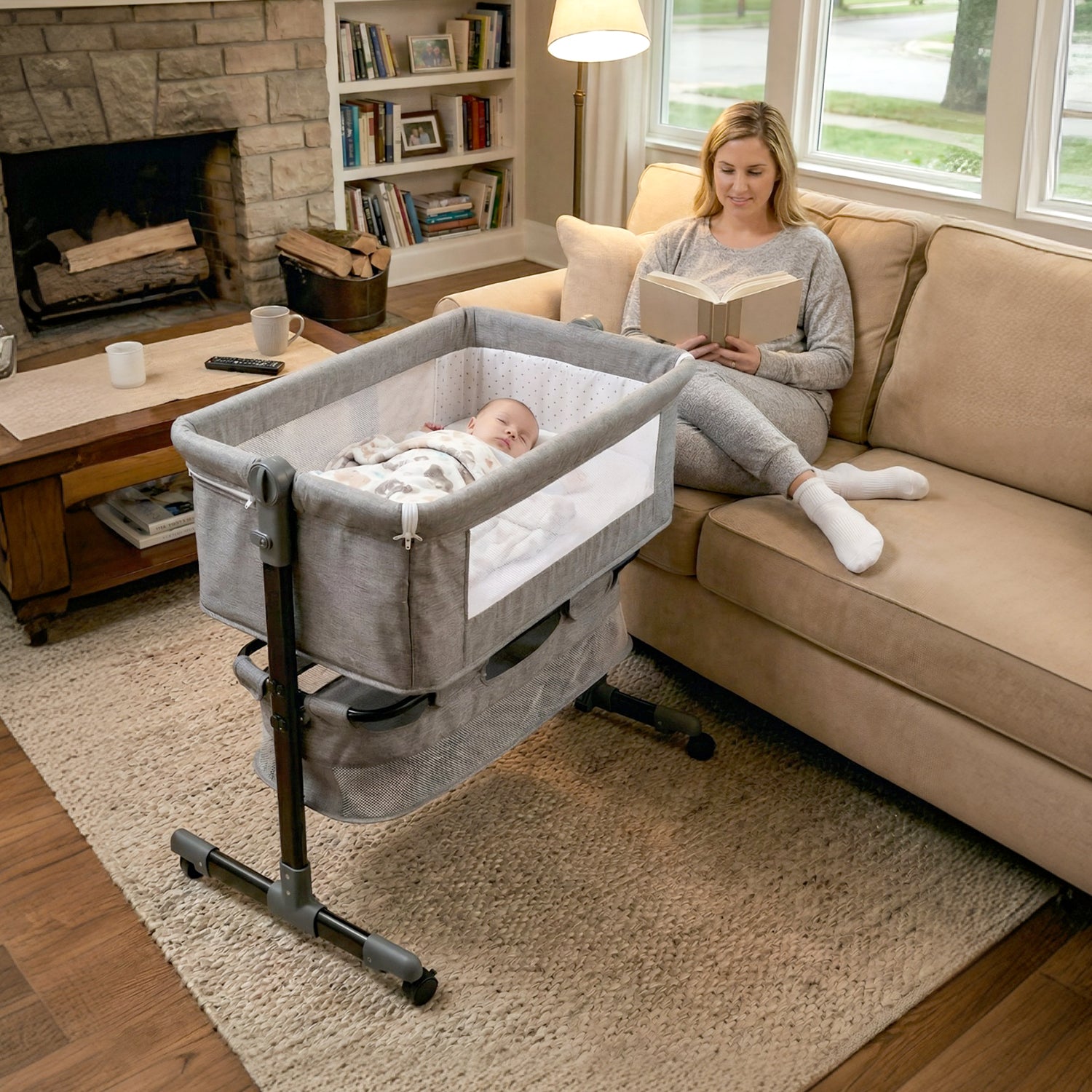 OYAJIA Baby Bedside Bassinet with Wheels, Adjustable Height, Mattress, Storage Basket and Mosquito Net