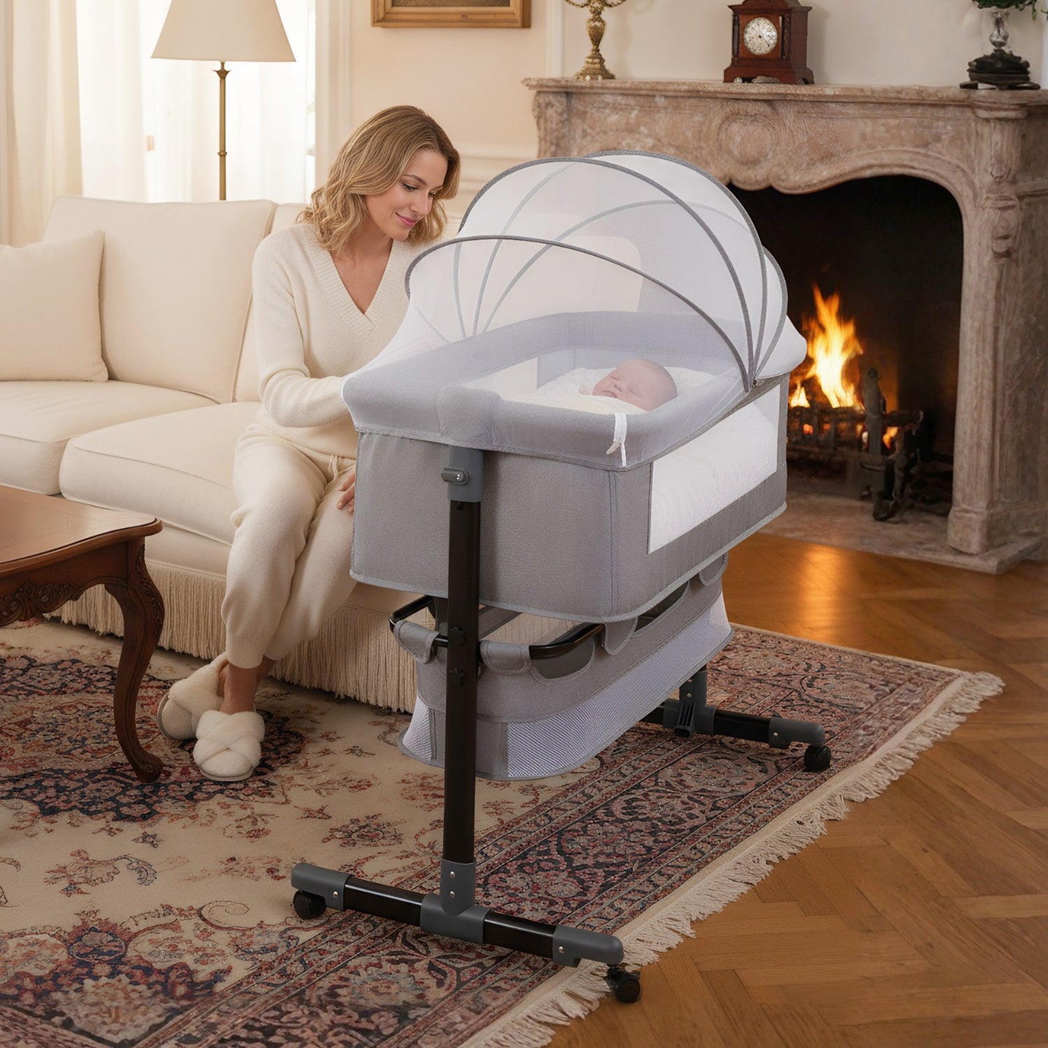 OYAJIA Baby Bedside Bassinet with Wheels, Adjustable Height, Mattress, Storage Basket and Mosquito Net