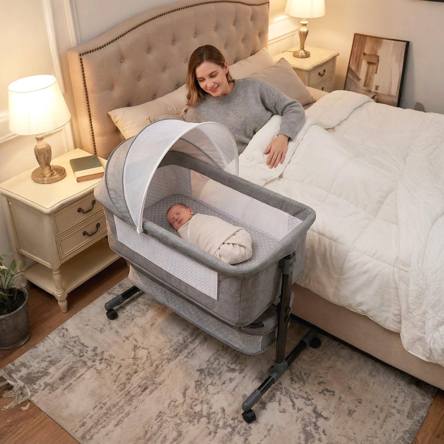 OYAJIA Baby Bedside Bassinet with Wheels, Adjustable Height, Mattress, Storage Basket and Mosquito Net