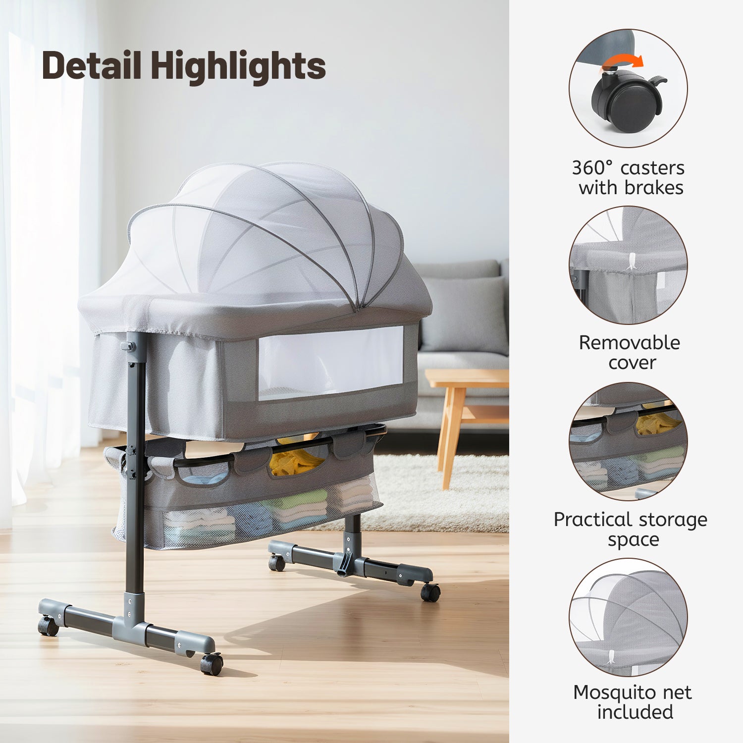 OYAJIA Baby Bedside Bassinet with Wheels, Adjustable Height, Mattress, Storage Basket and Mosquito Net