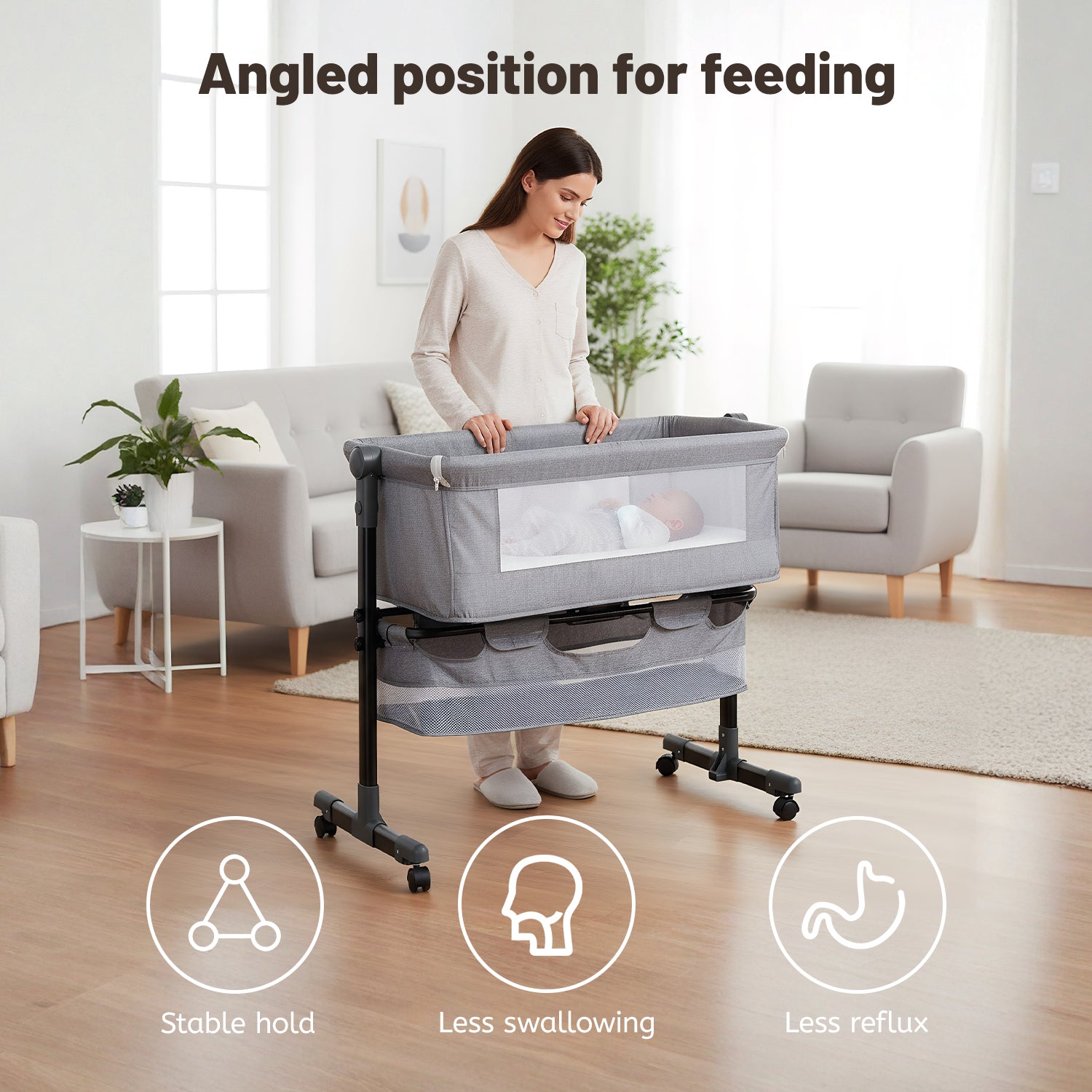 OYAJIA Baby Bedside Bassinet with Wheels, Adjustable Height, Mattress, Storage Basket and Mosquito Net