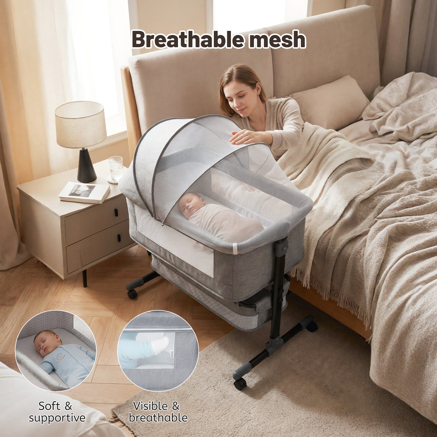 OYAJIA Baby Bedside Bassinet with Wheels, Adjustable Height, Mattress, Storage Basket and Mosquito Net