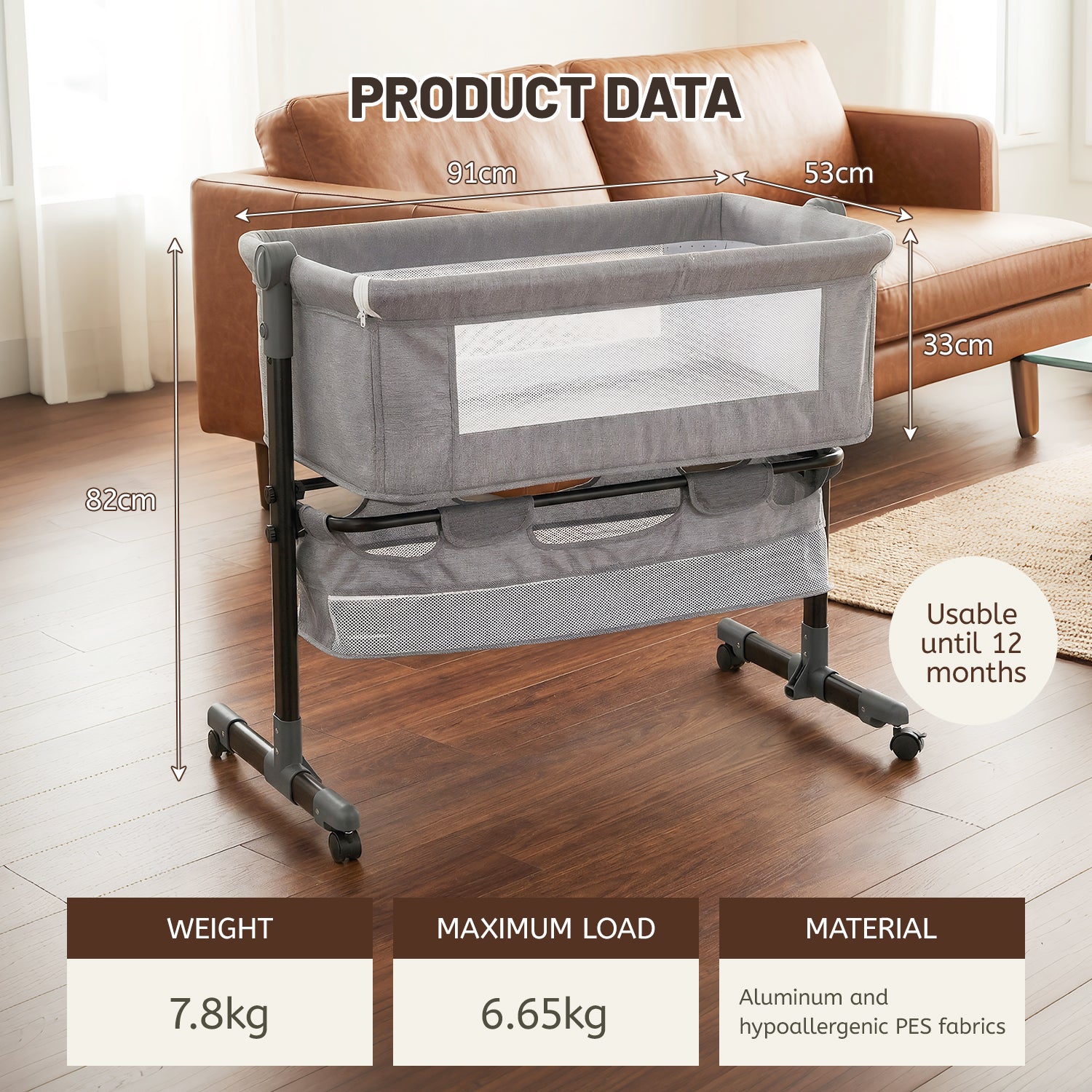 OYAJIA Baby Bedside Bassinet with Wheels, Adjustable Height, Mattress, Storage Basket and Mosquito Net