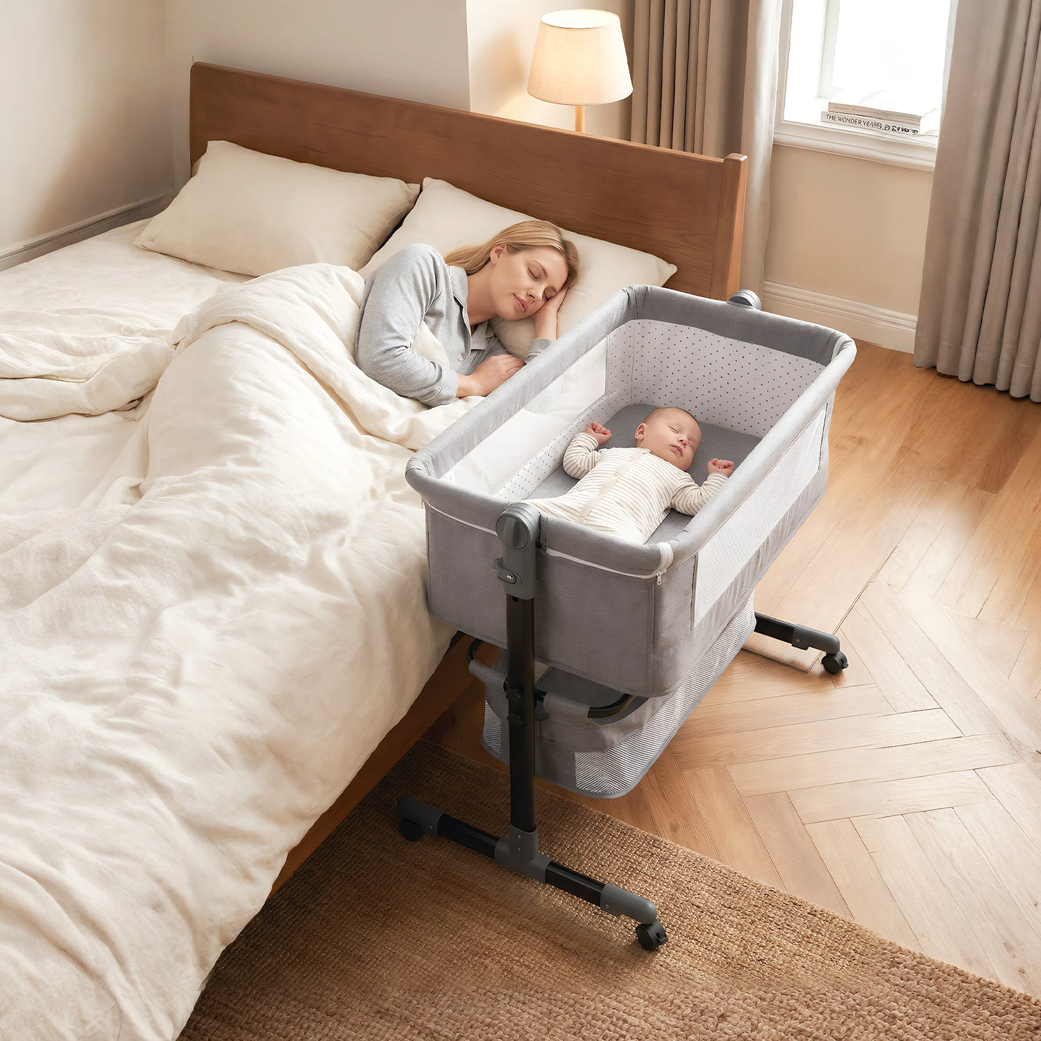 OYAJIA Baby Bedside Bassinet with Wheels, Adjustable Height, Mattress, Storage Basket and Mosquito Net