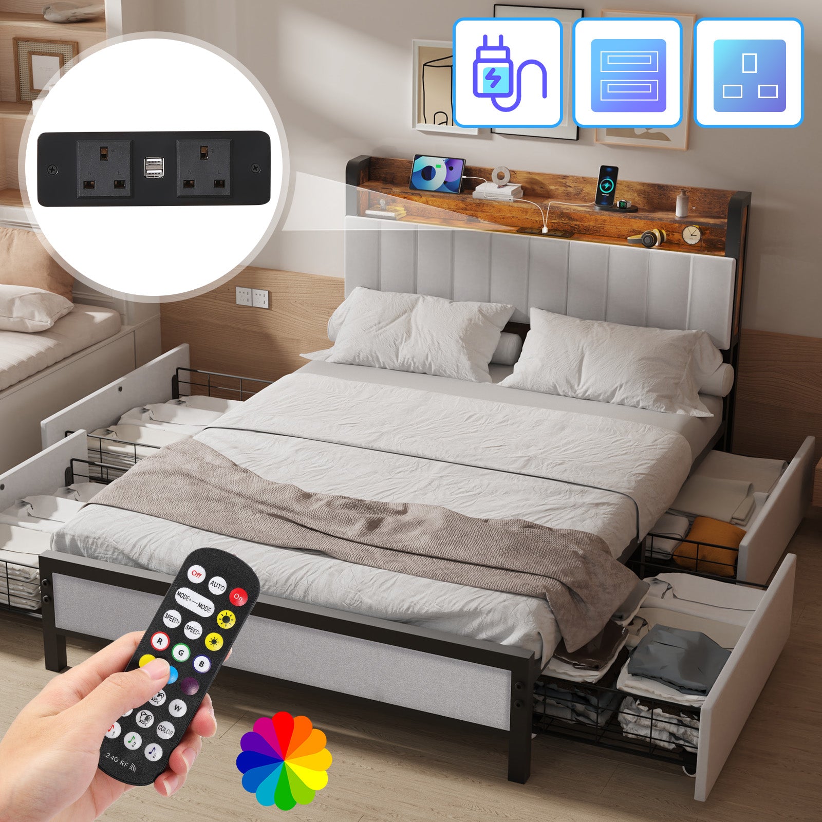 OYAJIA Storage Bed Frame with LED Headboard, 4 Drawers, Shelves and Charging Ports