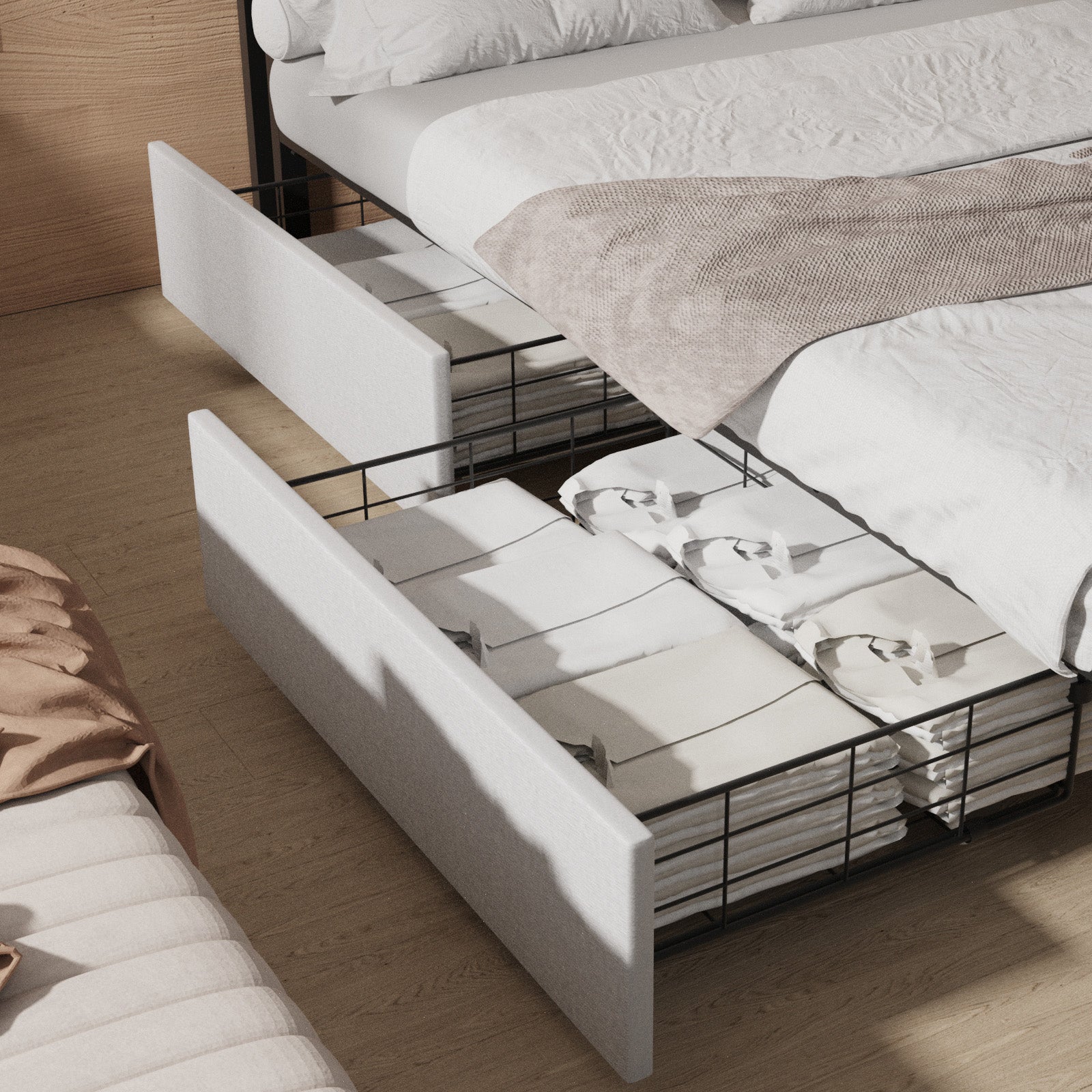 OYAJIA Storage Bed Frame with LED Headboard, 4 Drawers, Shelves and Charging Ports