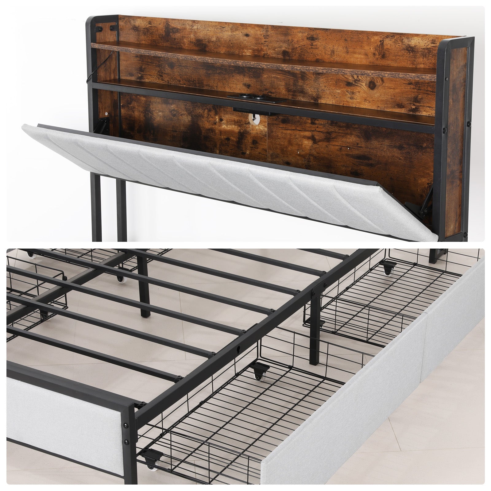 OYAJIA Storage Bed Frame with LED Headboard, 4 Drawers, Shelves and Charging Ports