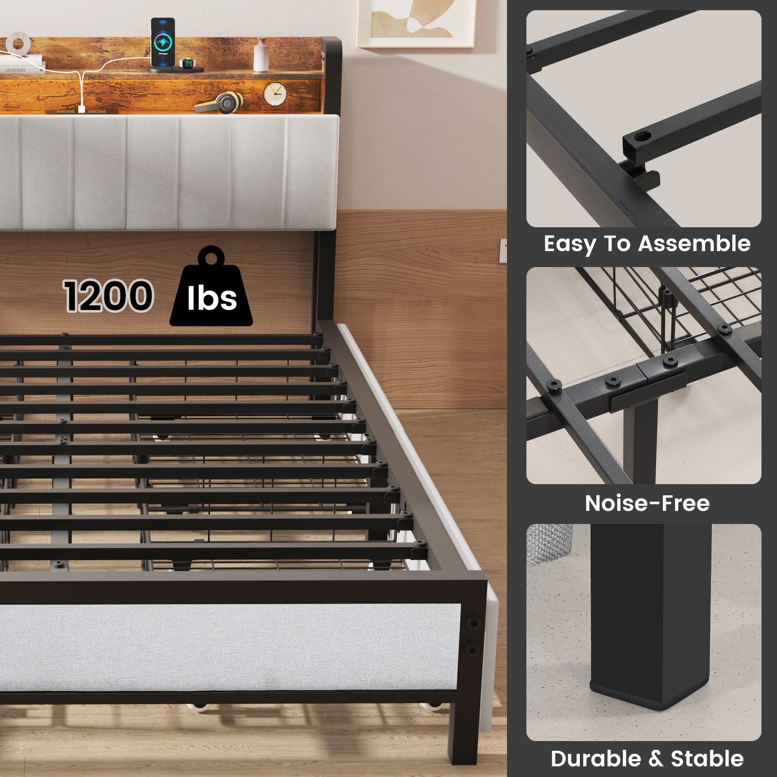 OYAJIA Storage Bed Frame with LED Headboard, 4 Drawers, Shelves and Charging Ports
