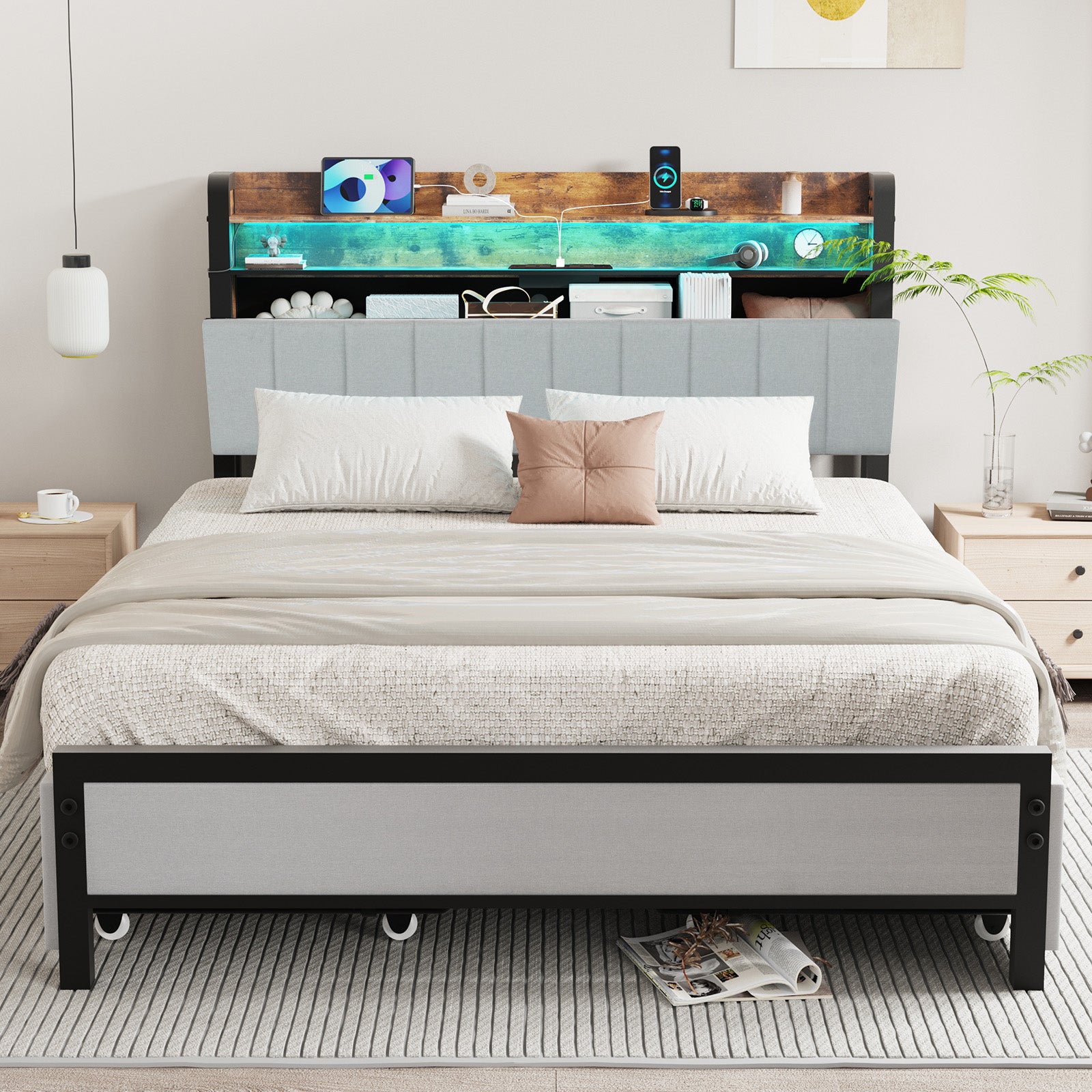 OYAJIA Storage Bed Frame with LED Headboard, 4 Drawers, Shelves and Charging Ports