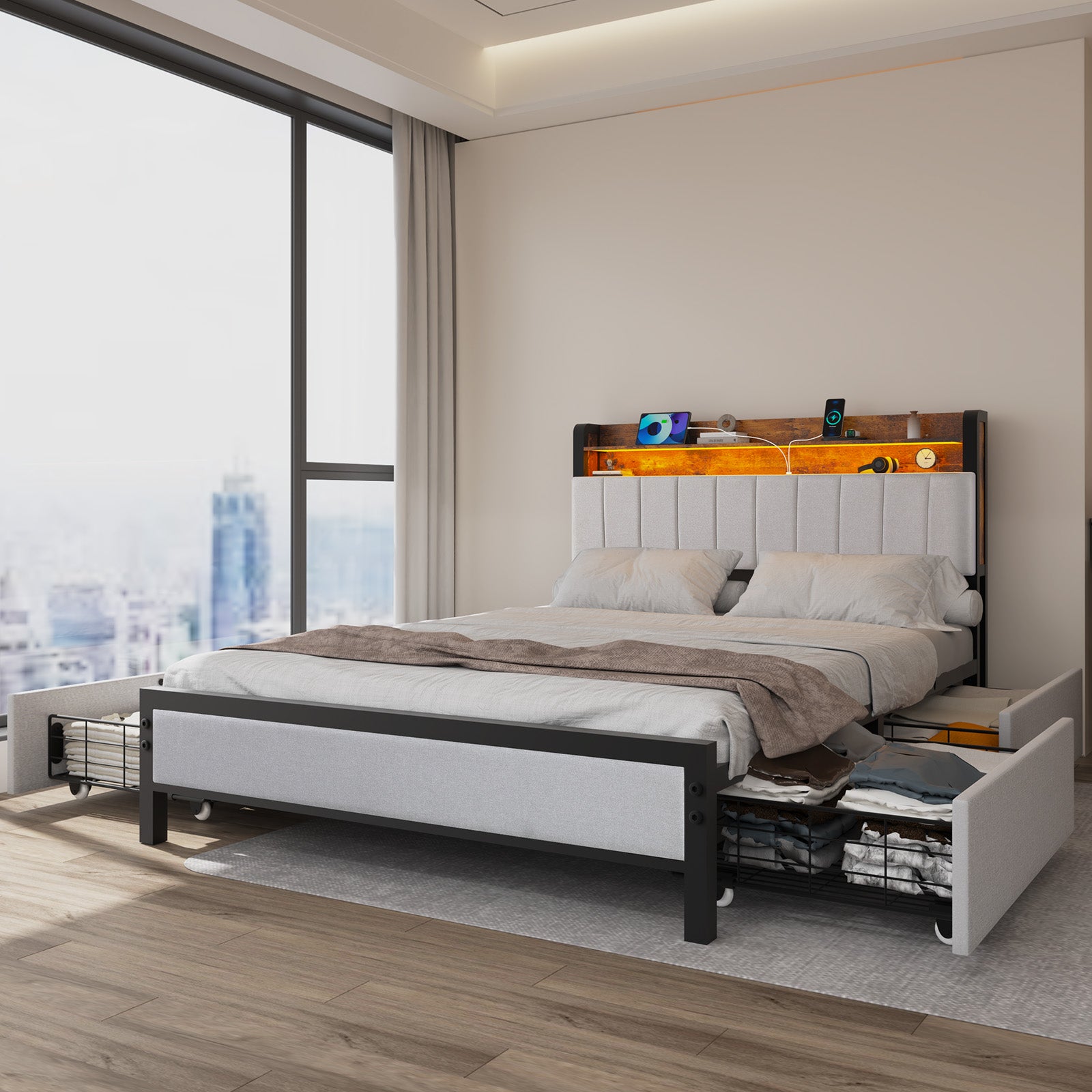 OYAJIA Storage Bed Frame with LED Headboard, 4 Drawers, Shelves and Charging Ports