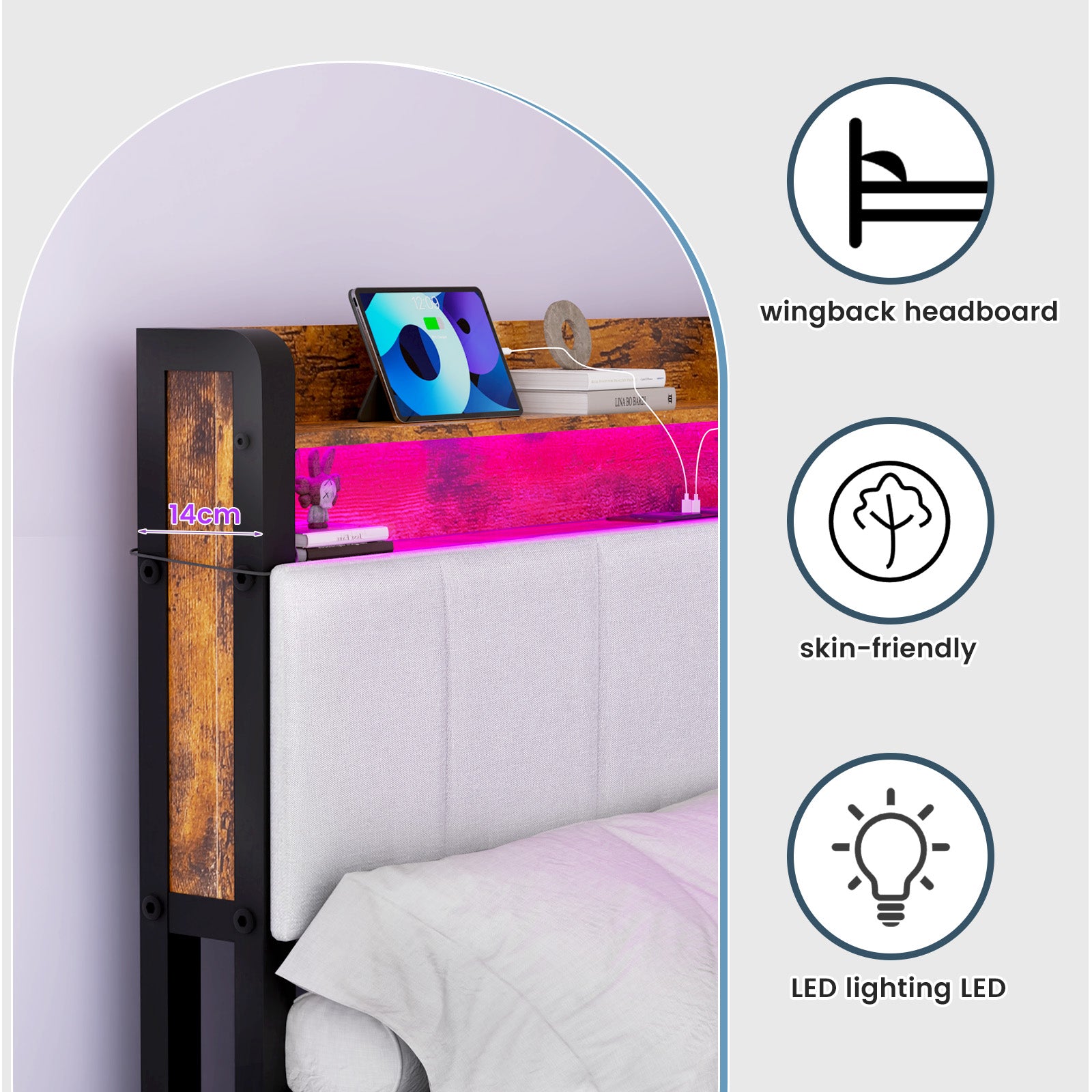 OYAJIA Storage Bed Frame with LED Headboard, 4 Drawers, Shelves and Charging Ports