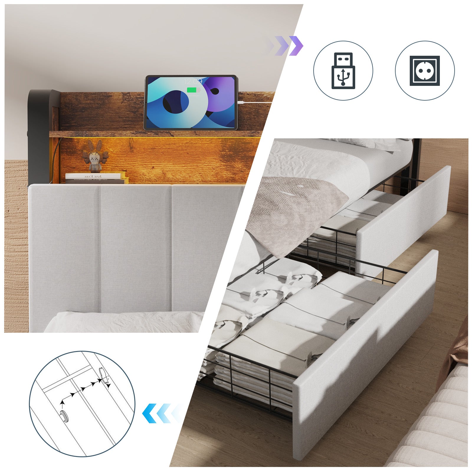 OYAJIA Storage Bed Frame with LED Headboard, 4 Drawers, Shelves and Charging Ports