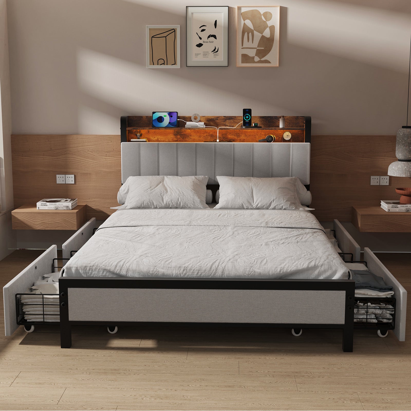 OYAJIA Storage Bed Frame with LED Headboard, 4 Drawers, Shelves and Charging Ports
