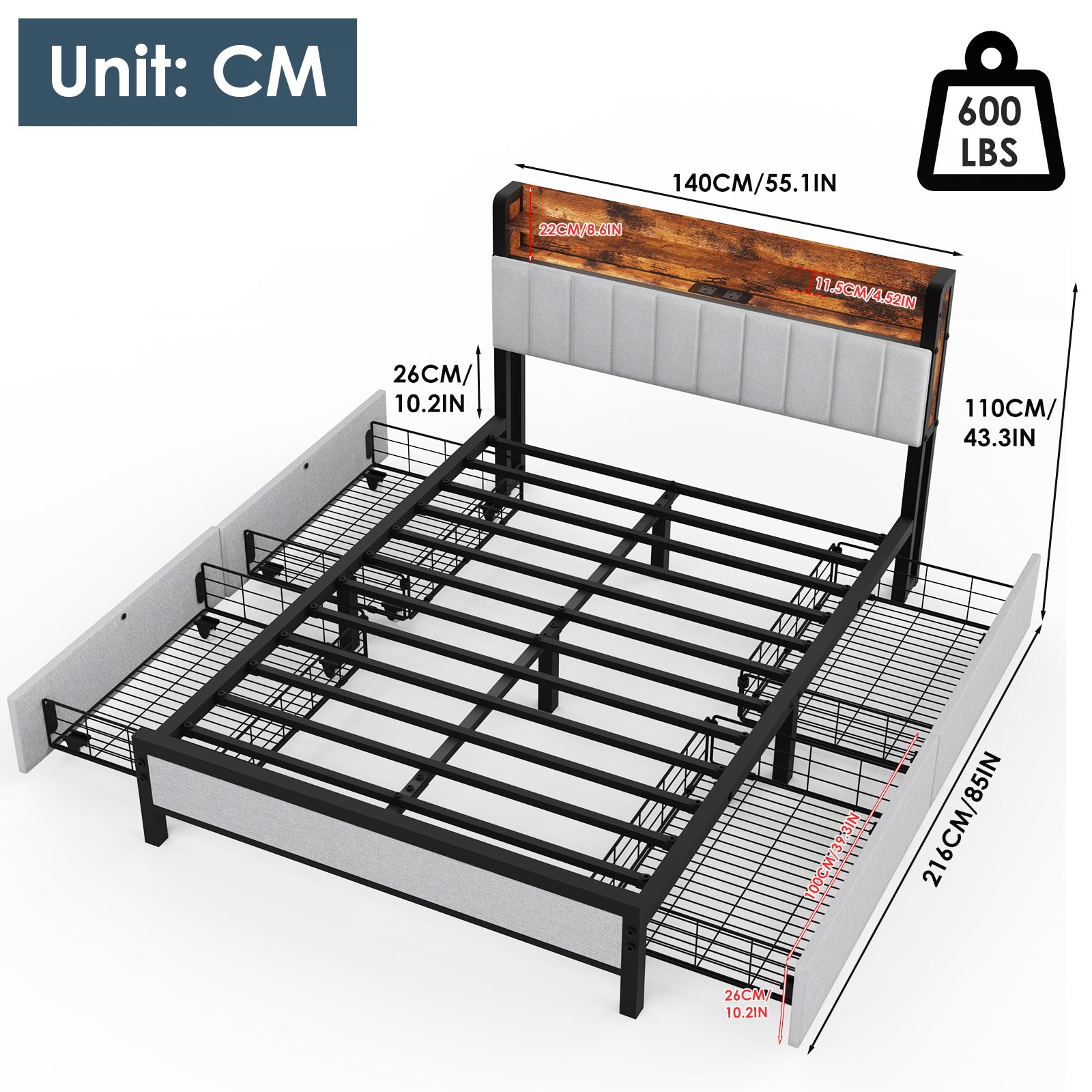 OYAJIA Storage Bed Frame with LED Headboard, 4 Drawers, Shelves and Charging Ports