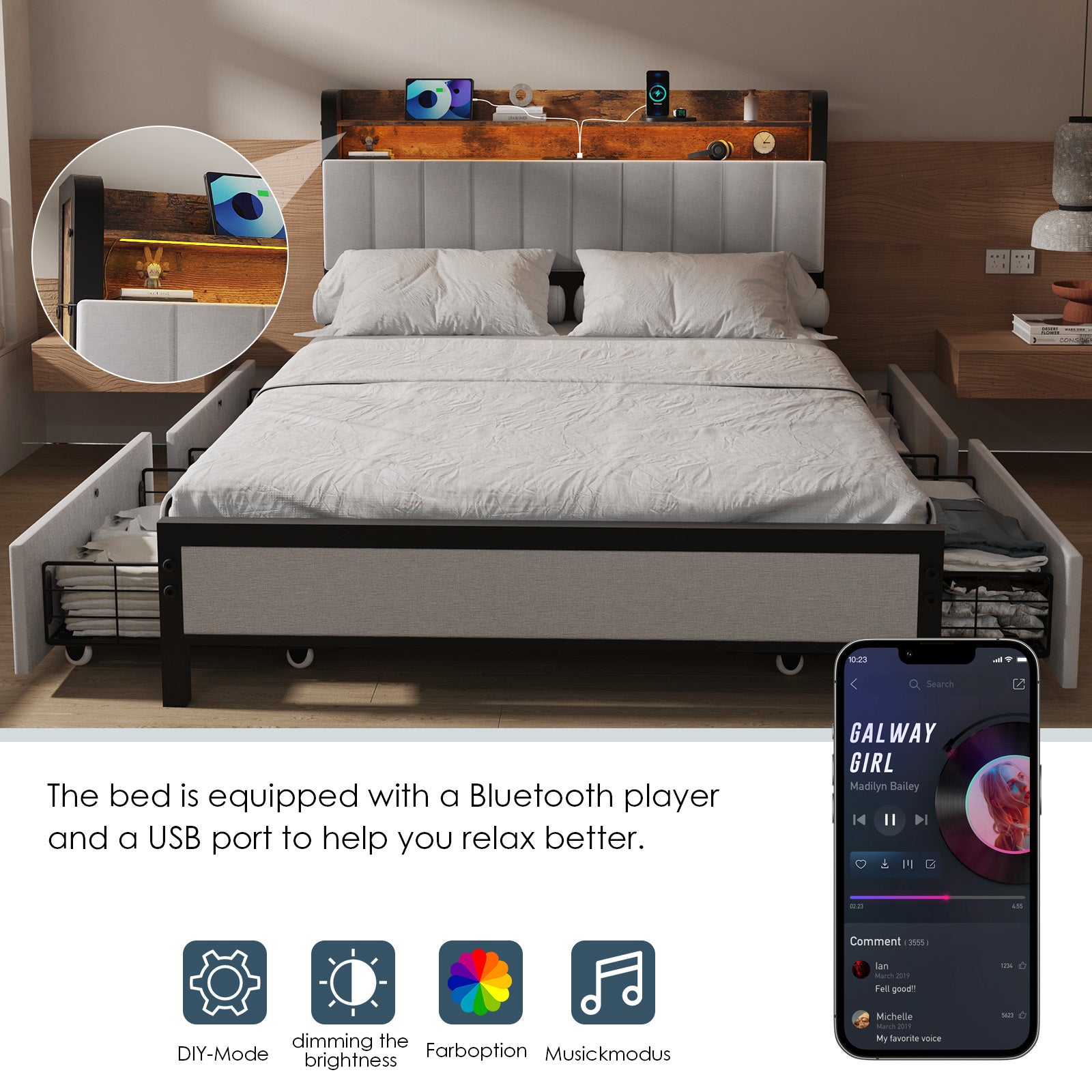 OYAJIA Storage Bed Frame with LED Headboard, 4 Drawers, Shelves and Charging Ports